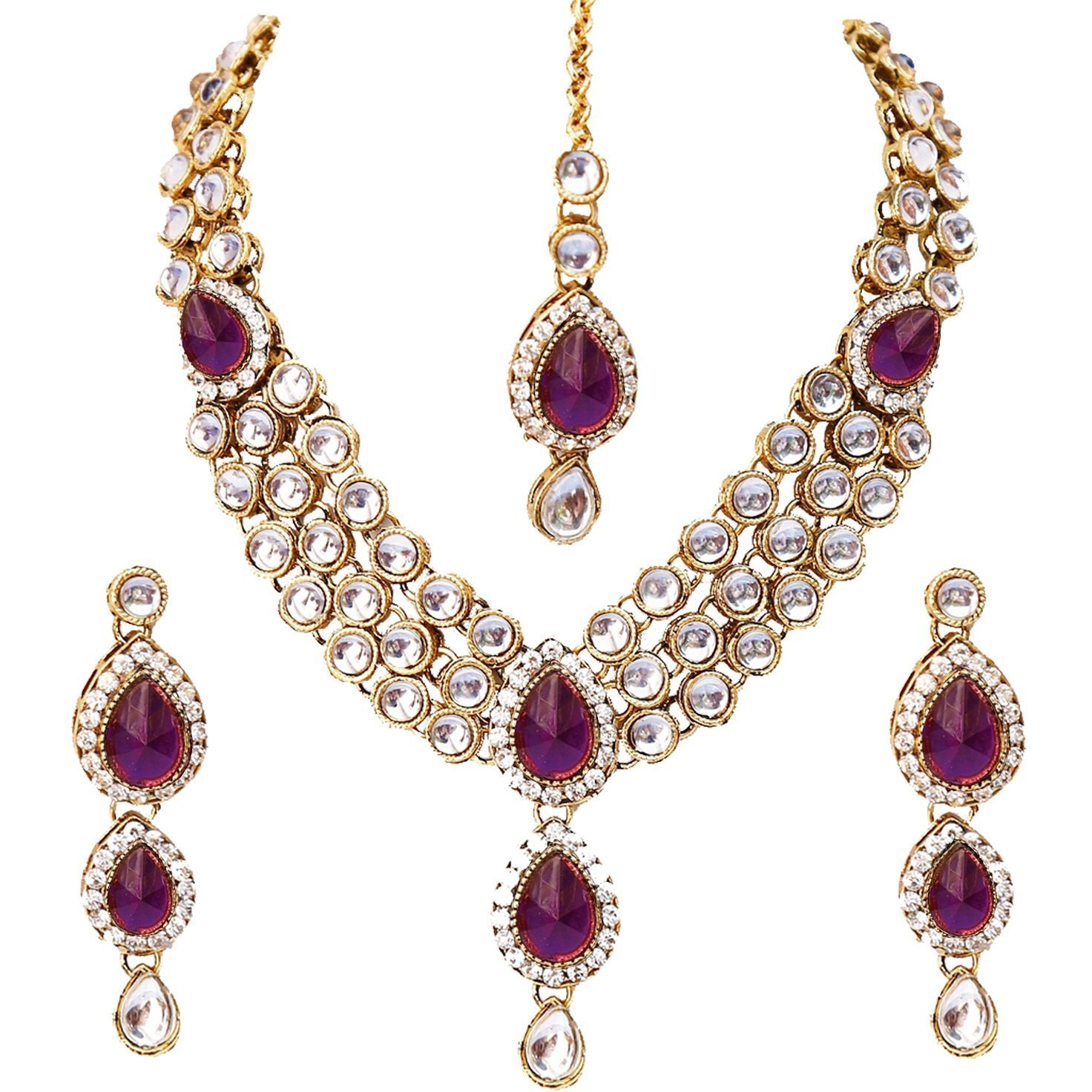 Lucky Jewellery Traditional Purple Color Gold Plated Kundan Necklace Set For Girls & Women (MSK-3-LINE-P)
