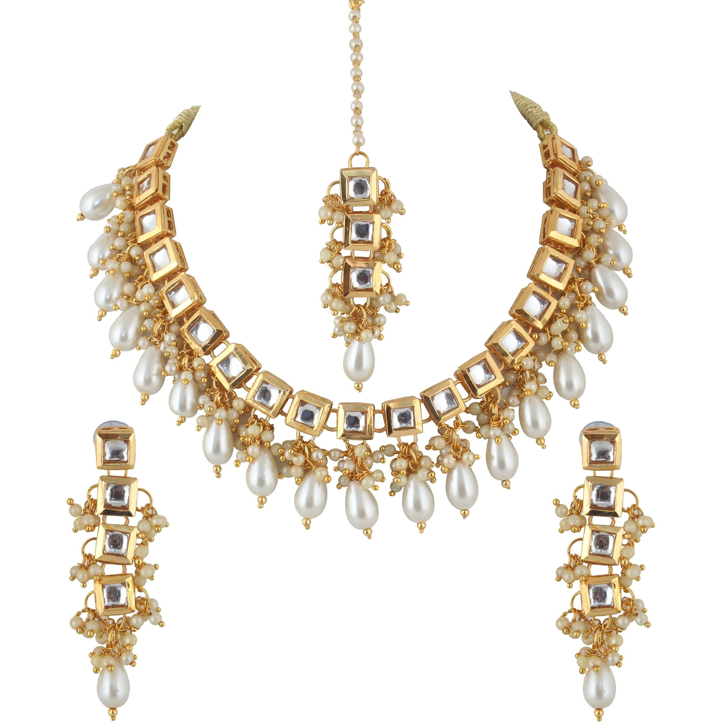 Lucky Jewellery Back Meenakari 18k Gold Plated White Color Tika Earring Combo Uncut Big Faux Kundan Choker Necklace set (660-J5SK-1664-W)