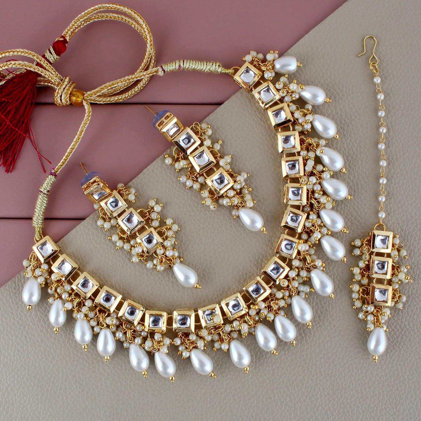Lucky Jewellery Back Meenakari 18k Gold Plated White Color Tika Earring Combo Uncut Big Faux Kundan Choker Necklace set (660-J5SK-1664-W)