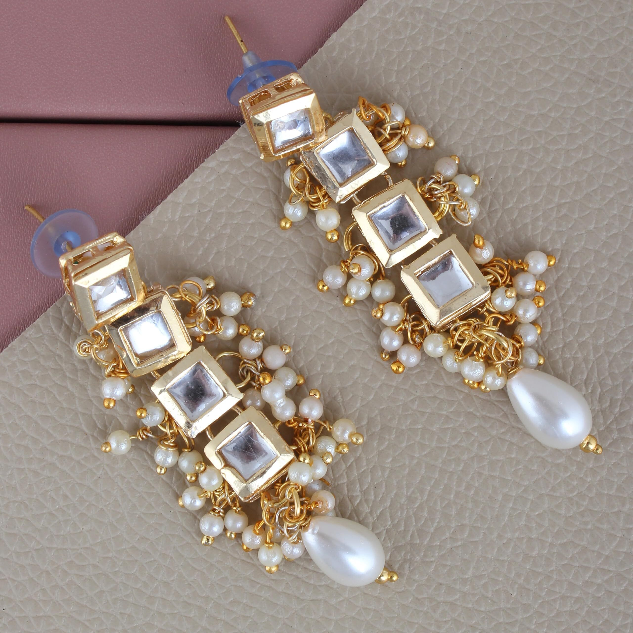 Lucky Jewellery Back Meenakari 18k Gold Plated White Color Tika Earring Combo Uncut Big Faux Kundan Choker Necklace set (660-J5SK-1664-W)