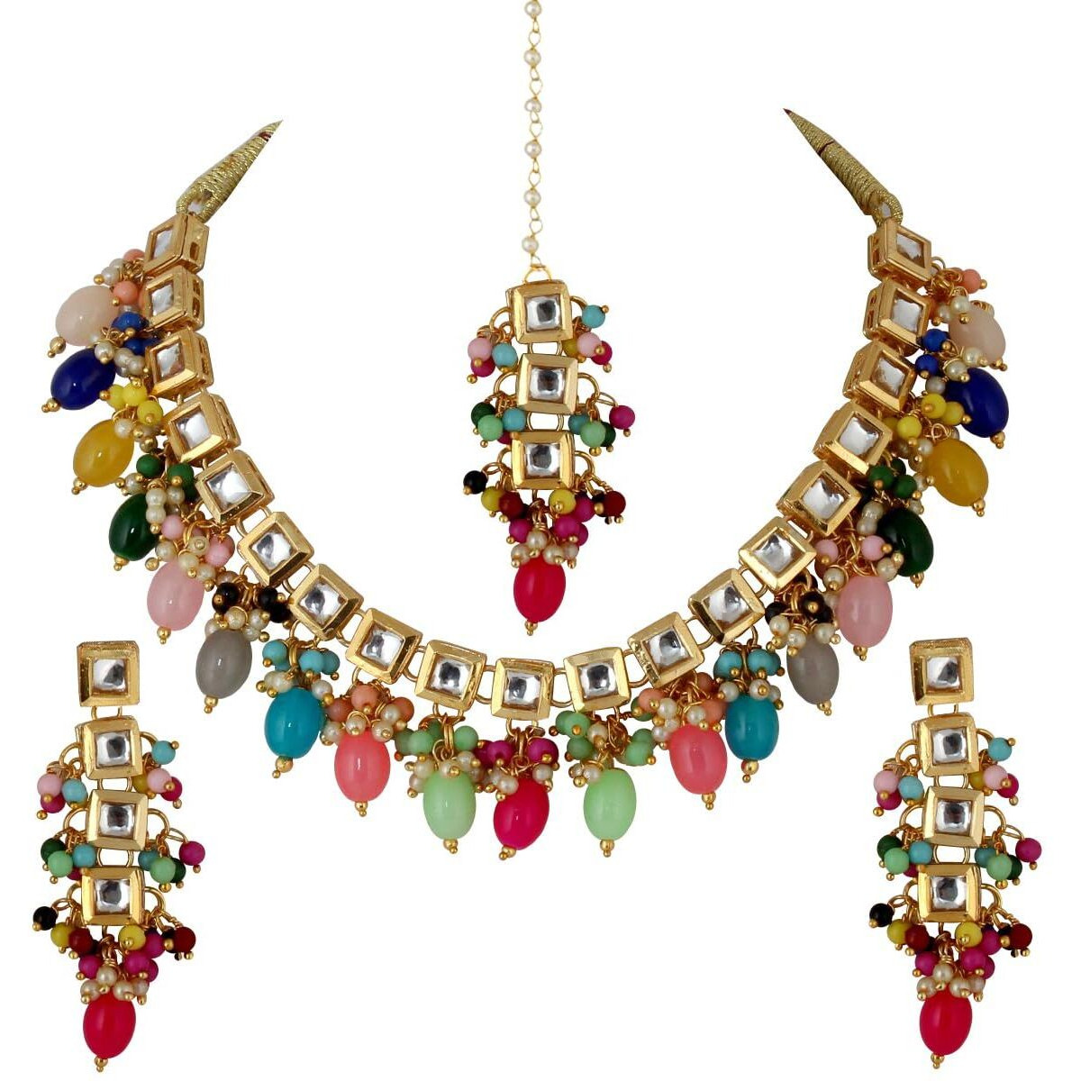 Lucky Jewellery Back Meenakari 18k Gold Plated Multi Color Tika Earring Combo Uncut Big Faux Kundan Choker Necklace set (660-J5SK-1664-MT)