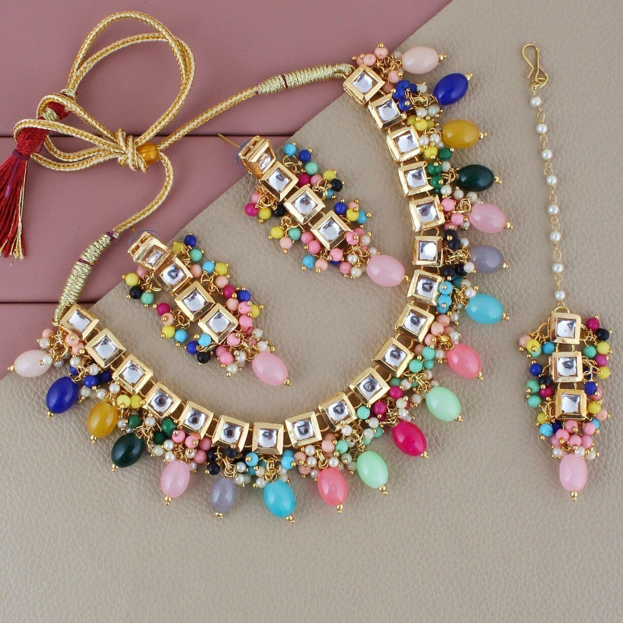 Lucky Jewellery Back Meenakari 18k Gold Plated Multi Color Tika Earring Combo Uncut Big Faux Kundan Choker Necklace set (660-J5SK-1664-MT)