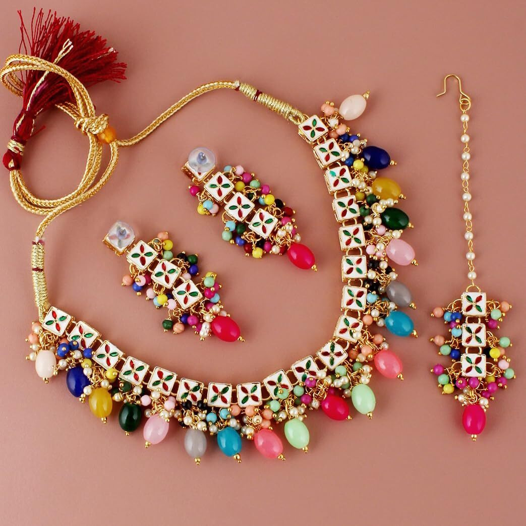 Lucky Jewellery Back Meenakari 18k Gold Plated Multi Color Tika Earring Combo Uncut Big Faux Kundan Choker Necklace set (660-J5SK-1664-MT)