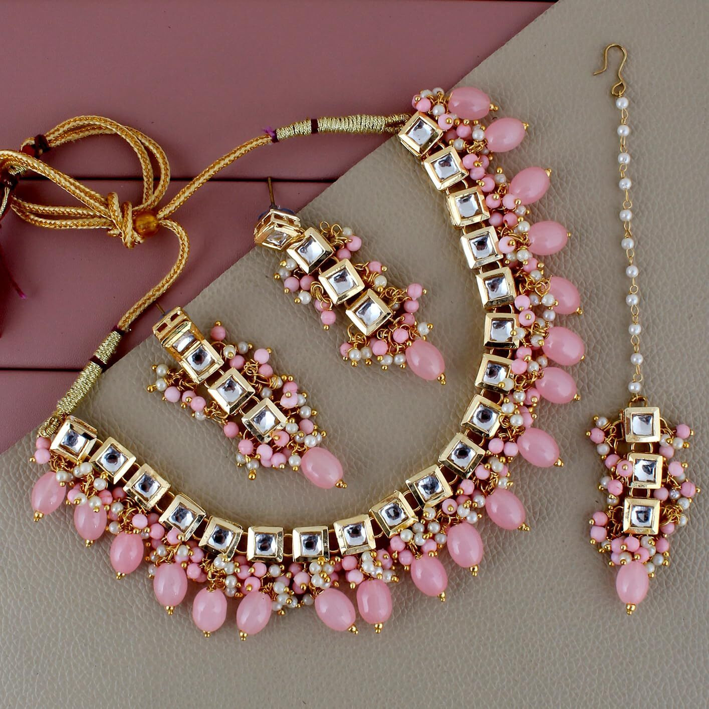 Lucky Jewellery Back Meenakari 18k Gold Plated Pink Color Square Shape Tika Earring Combo Jewellery Set Uncut Kundan Big Faux Kundan Dibbi Kundan Choker Necklace Set for Girls & Women