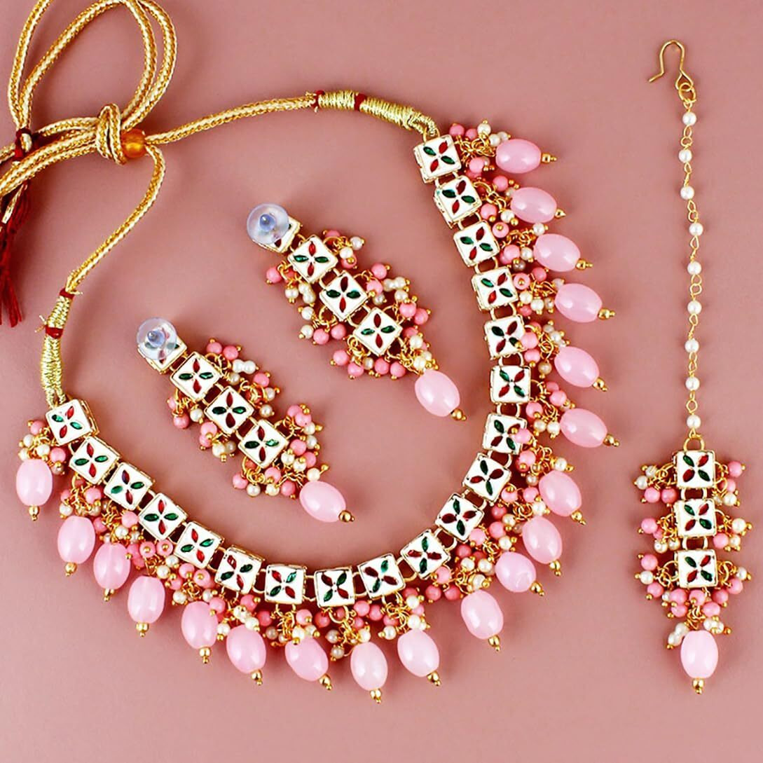 Lucky Jewellery Back Meenakari 18k Gold Plated Pink Color Square Shape Tika Earring Combo Jewellery Set Uncut Kundan Big Faux Kundan Dibbi Kundan Choker Necklace Set for Girls & Women