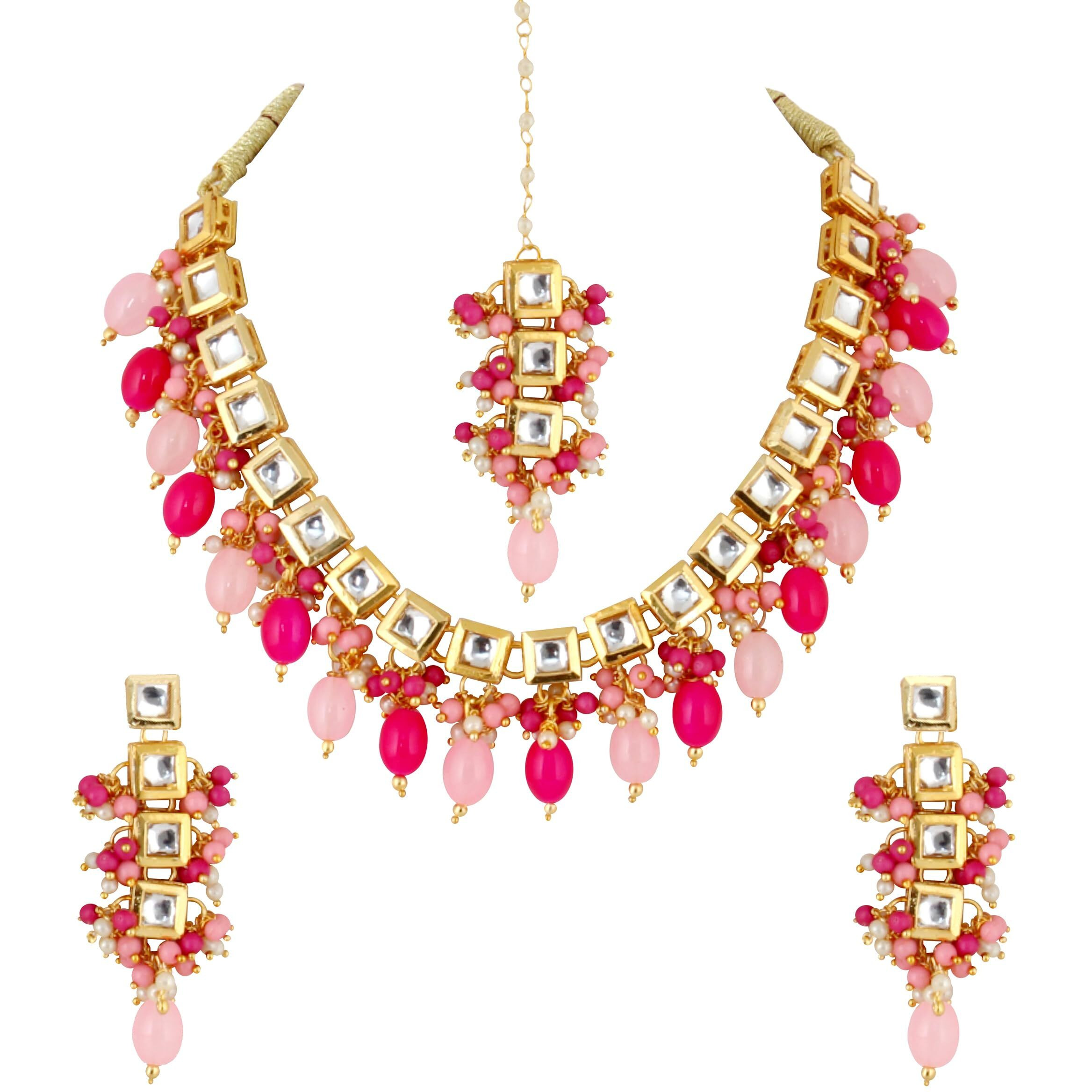 Lucky Jewellery Back Meenakari 18k Gold Plated Pink Magenta Color Square Shape Tika Earring Combo Jewellery Set Uncut Kundan Big Faux Kundan Dibbi Kundan Choker Necklace Set for Girls & Women