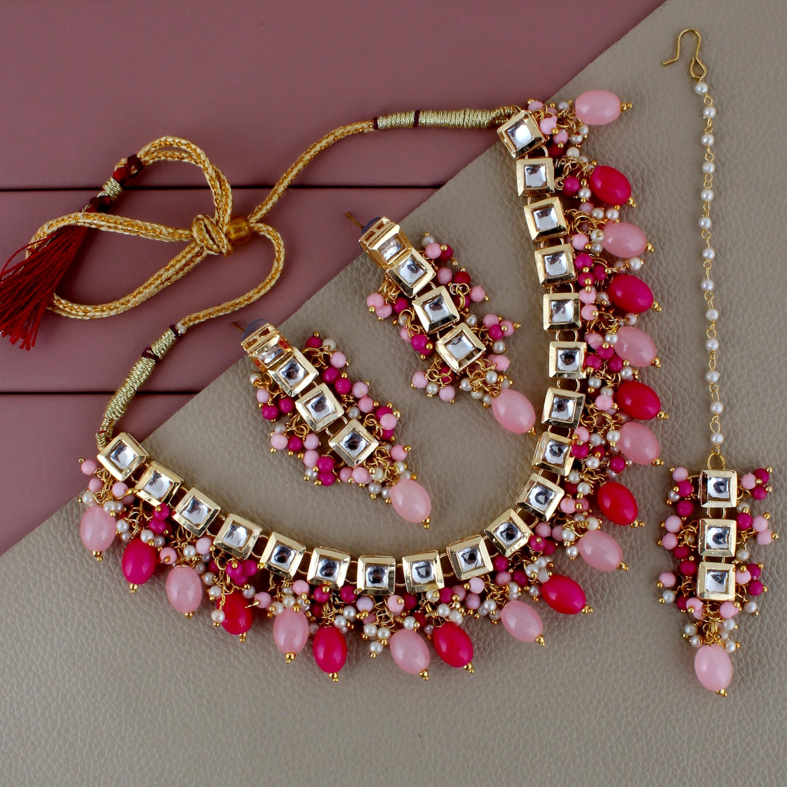 Lucky Jewellery Back Meenakari 18k Gold Plated Pink Magenta Color Square Shape Tika Earring Combo Jewellery Set Uncut Kundan Big Faux Kundan Dibbi Kundan Choker Necklace Set for Girls & Women