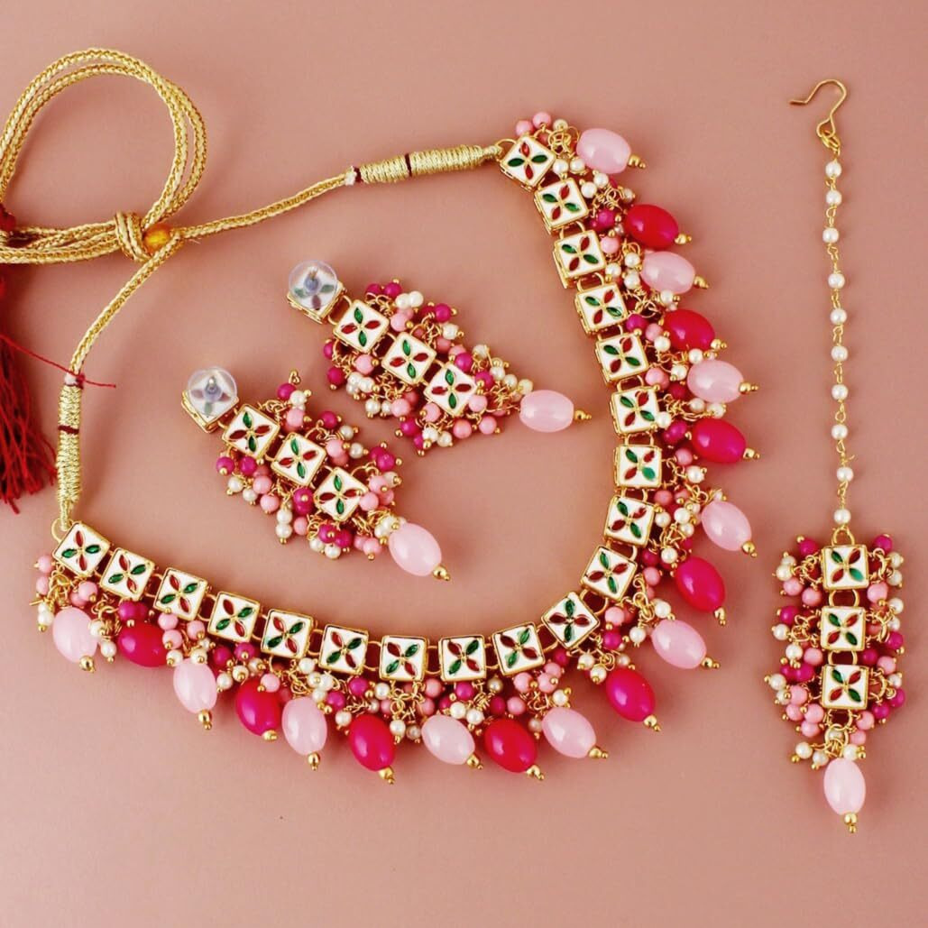 Lucky Jewellery Back Meenakari 18k Gold Plated Pink Magenta Color Square Shape Tika Earring Combo Jewellery Set Uncut Kundan Big Faux Kundan Dibbi Kundan Choker Necklace Set for Girls & Women