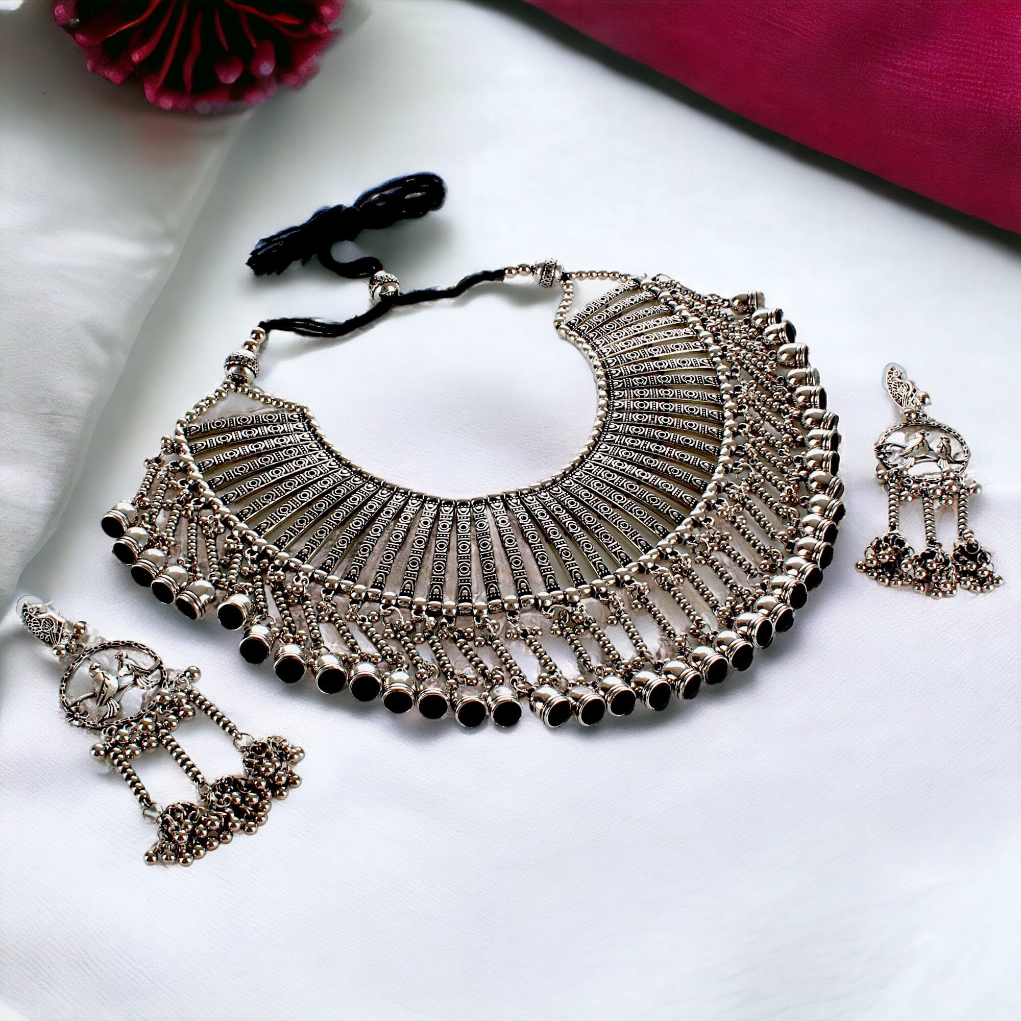 Lucky Jewellery Oxidised boho Garba Silver Plated Jewelry Fancy Navratri Dandia Jewellery Choker Set With Matching Earring For Girls & Women (540-M5SO-980-S)
