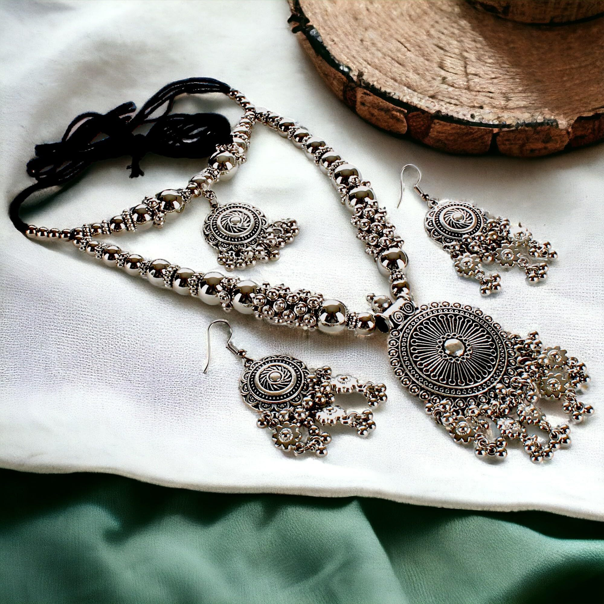 Lucky Jewellery Oxidised Boho Garba Silver Plated Jewelry Fancy Navratri Dandia Multi Strand Jewellery Double Layer Set with Matching Earring For Girls & Women (270-M5SO-983-S)