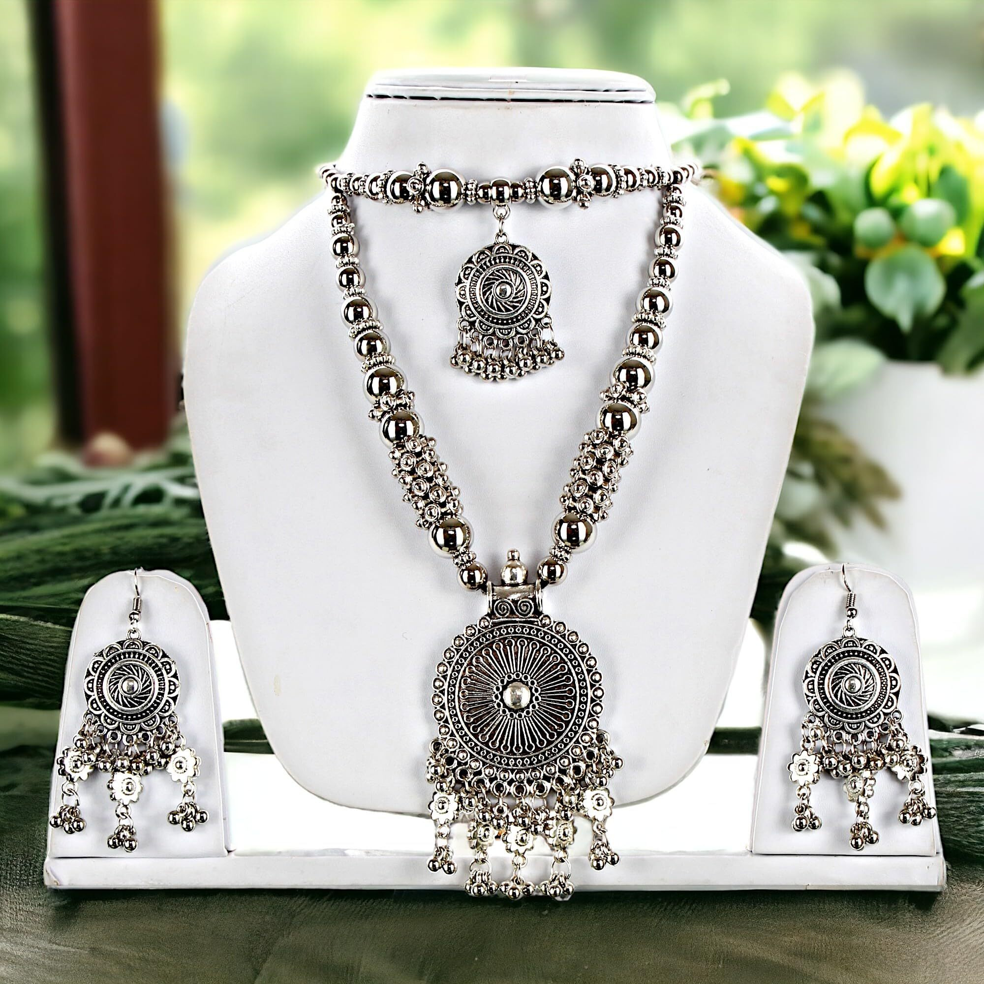 Lucky Jewellery Oxidised Boho Garba Silver Plated Jewelry Fancy Navratri Dandia Multi Strand Jewellery Double Layer Set with Matching Earring For Girls & Women (270-M5SO-983-S)