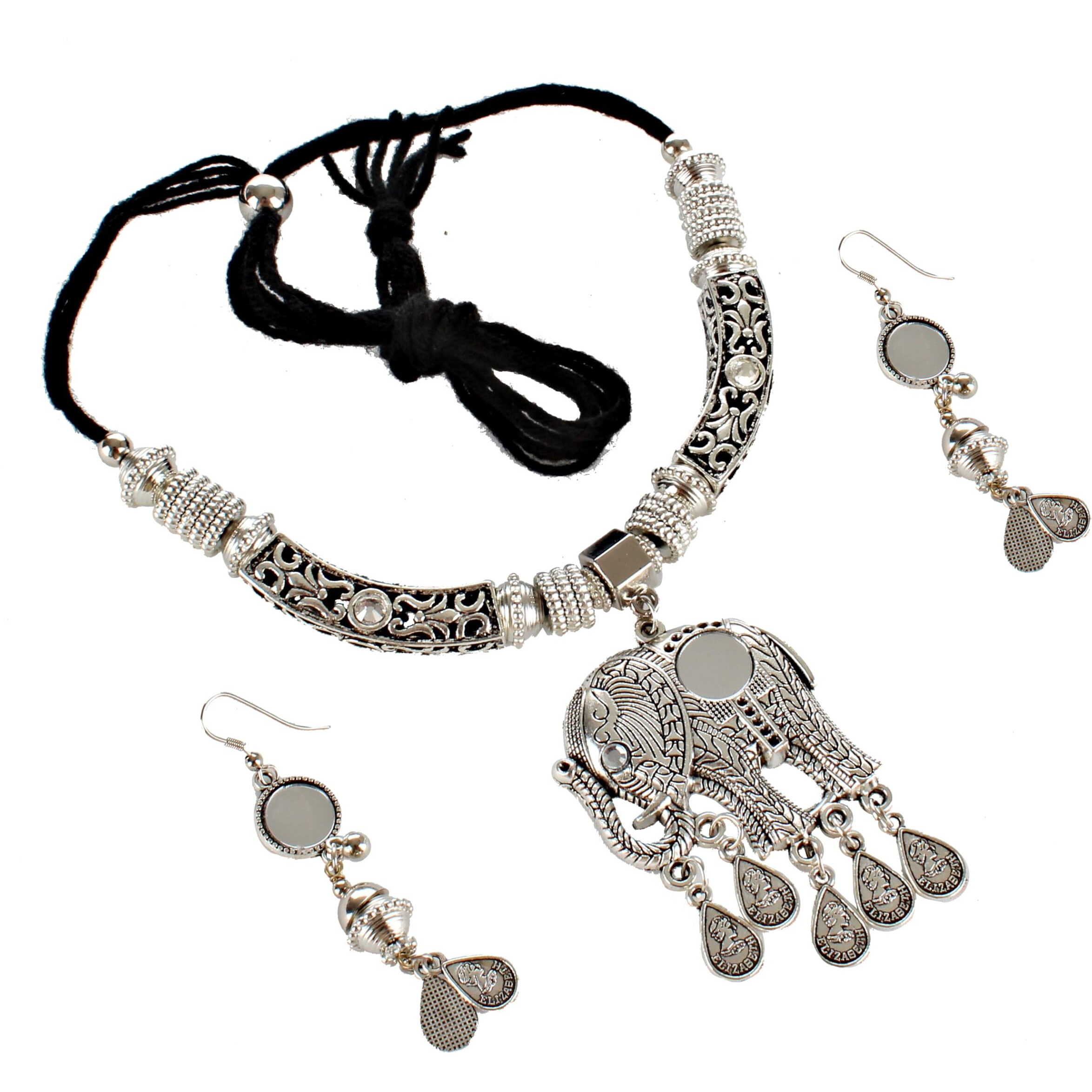 Lucky Jewellery Elephant Design Oxidised Boho Garba Silver Plated Jewelry Fancy Mirror Work Navratri Dandia Jewellery Set with Matching Earring For Girls & Women (264-M5SO-1028-S)