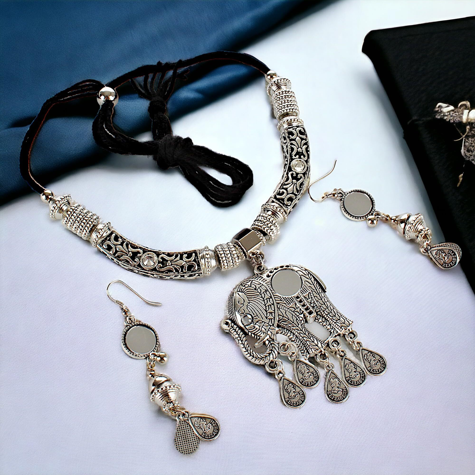 Lucky Jewellery Elephant Design Oxidised Boho Garba Silver Plated Jewelry Fancy Mirror Work Navratri Dandia Jewellery Set with Matching Earring For Girls & Women (264-M5SO-1028-S)