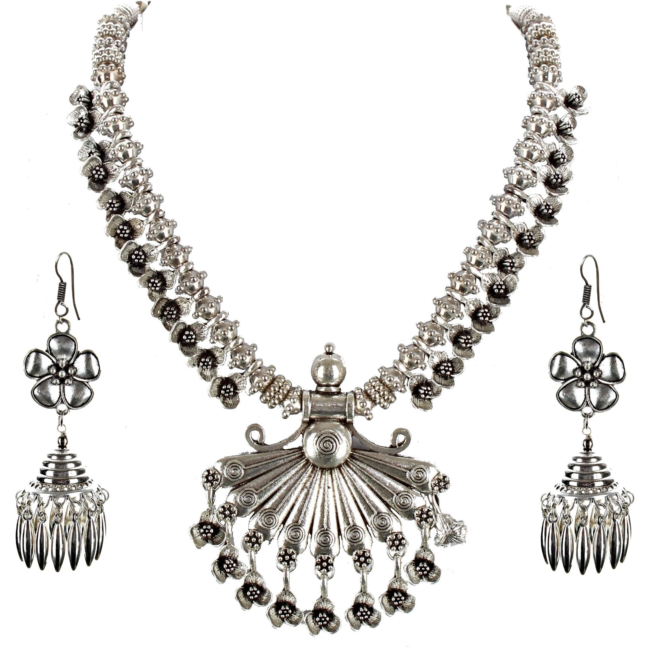 Lucky Jewellery Oxidised Floral Design Boho Garba Silver Plated Jewelry Fancy Navratri Dandia Jewellery Set with Matching Jhumki Earring For Girls & Women (495-M5SO-989-S)