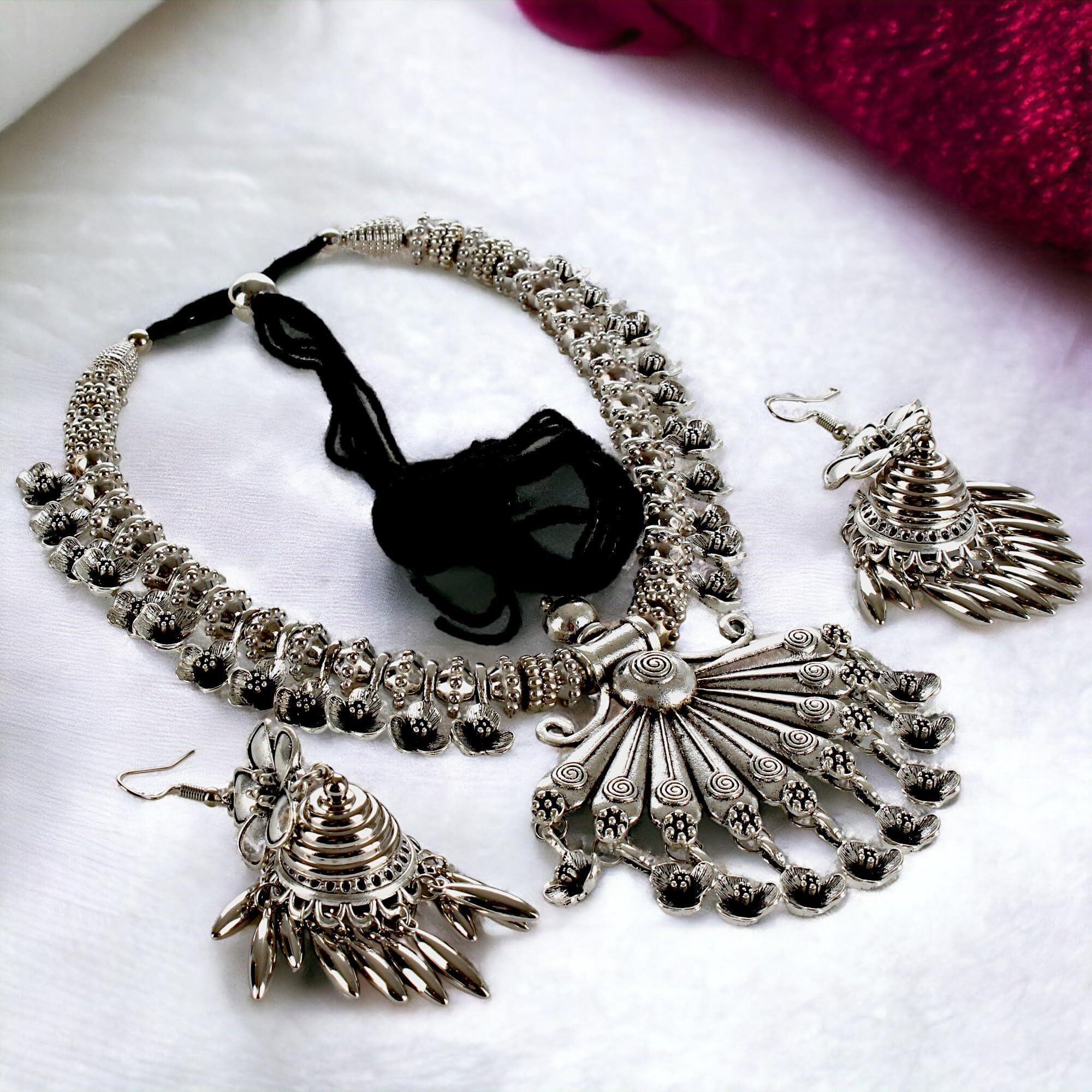 Lucky Jewellery Oxidised Floral Design Boho Garba Silver Plated Jewelry Fancy Navratri Dandia Jewellery Set with Matching Jhumki Earring For Girls & Women (495-M5SO-989-S)