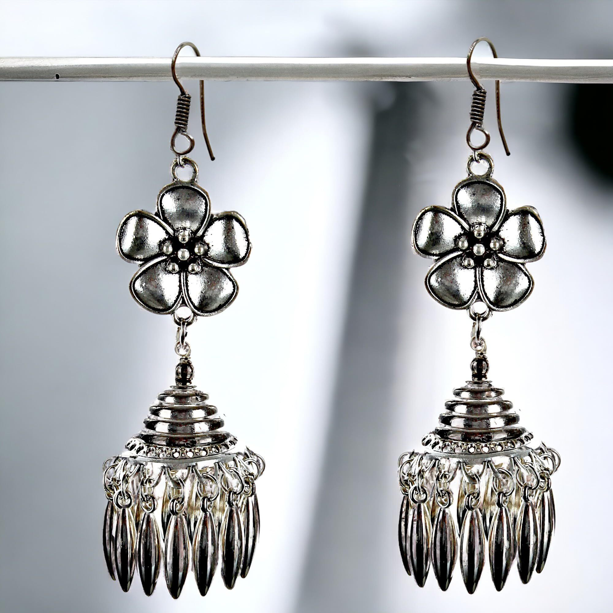 Lucky Jewellery Oxidised Floral Design Boho Garba Silver Plated Jewelry Fancy Navratri Dandia Jewellery Set with Matching Jhumki Earring For Girls & Women (495-M5SO-989-S)