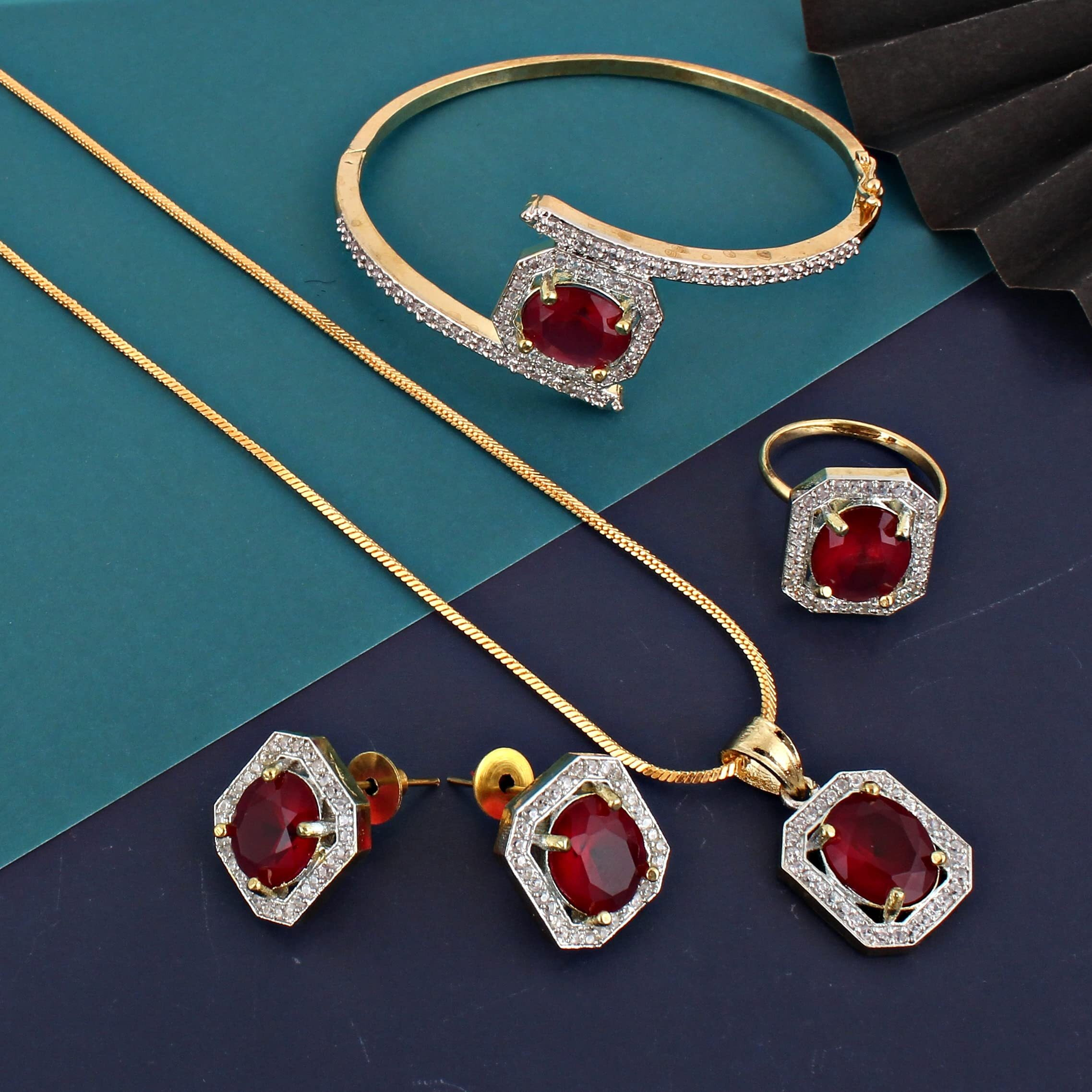 Lucky Jewellery 18K Gold Plated American Diamond (AD) Maroon Color combo Pendant Set with Earring, Bracelet, & Ring For Girls & Women