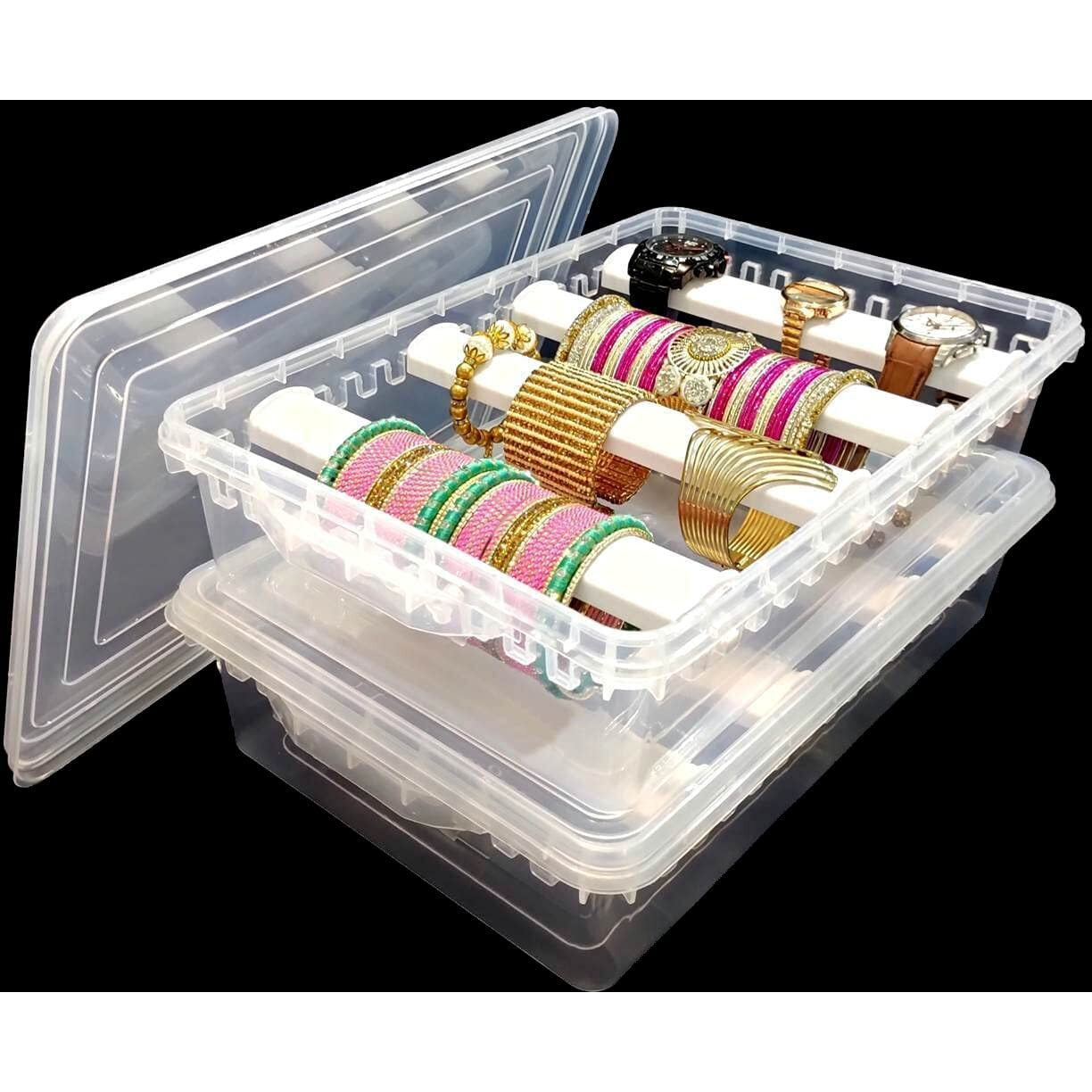 NAITIK CREATION Plastic Adjustable 4 Rod Bangle Box For Women|Bangles Organisers Storage Box|Chudi Set Storage Display Box For Bangles,Bracelet,Wrist Watch,Hair Bands,Scrunchies (2),Transparent