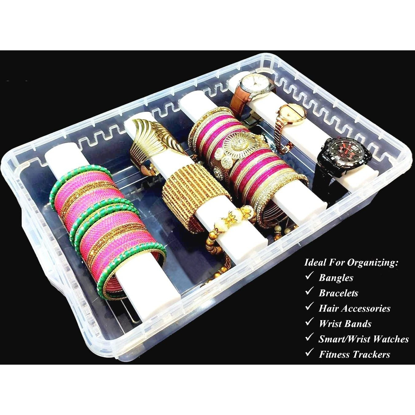 NAITIK CREATION Plastic Adjustable 4 Rod Bangle Box For Women|Bangles Organisers Storage Box|Chudi Set Storage Display Box For Bangles,Bracelet,Wrist Watch,Hair Bands,Scrunchies (2),Transparent