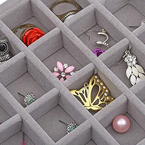 BucketList Velvet Jewelry Storage Case - 24 Compartments Earring Ring Organizer Box with Clear Glass Lid (Grey)