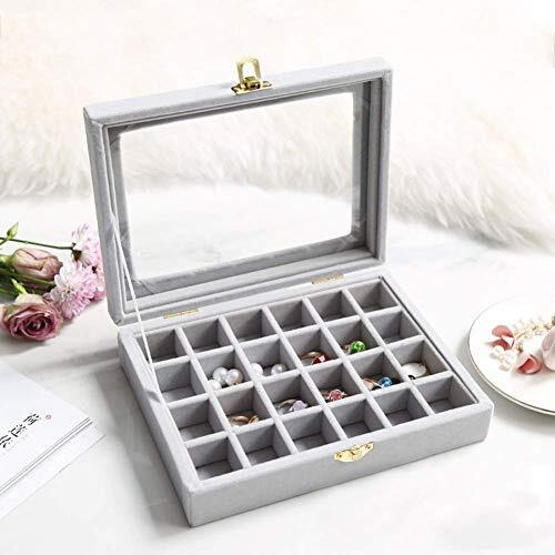 BucketList Velvet Jewelry Storage Case - 24 Compartments Earring Ring Organizer Box with Clear Glass Lid (Grey)