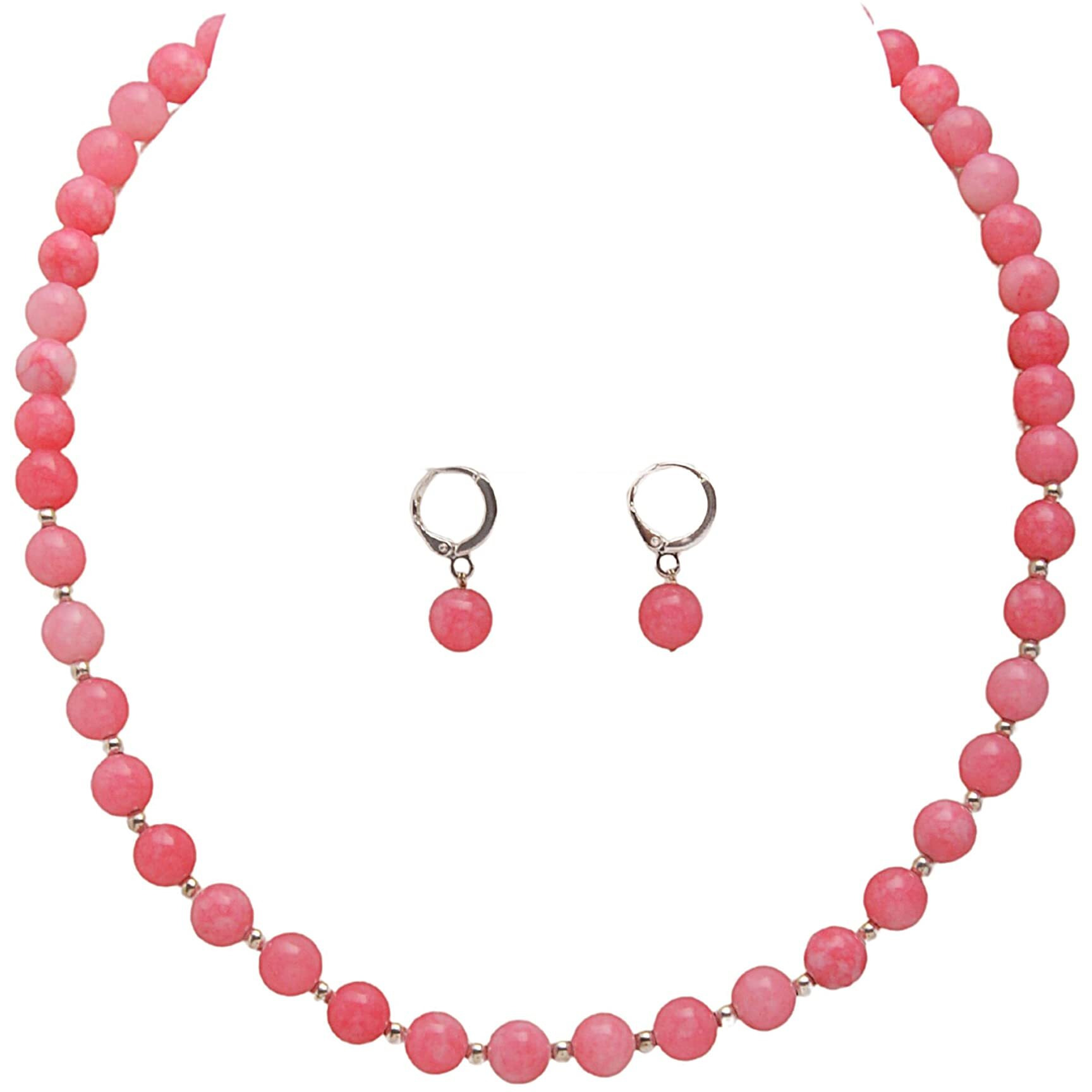 Taruna Biyani Multi Color Semi Precious Gemstone 8MM Bead Size String Necklace Mala Jewellery Set with Earrings for Women Girls (Pink Jade)
