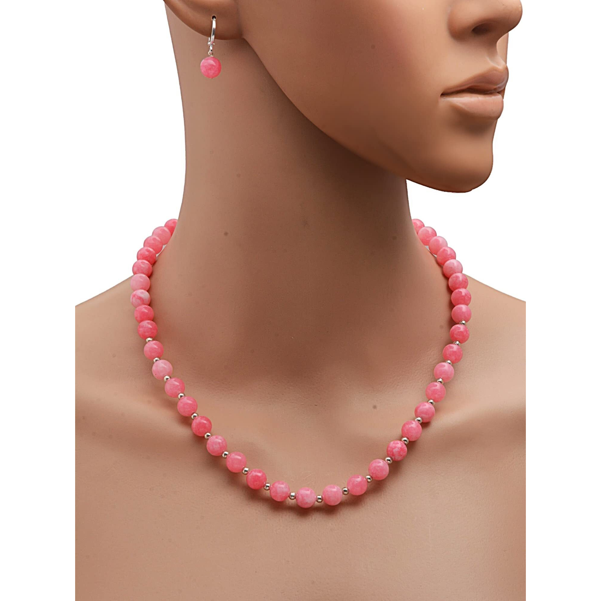 Taruna Biyani Multi Color Semi Precious Gemstone 8MM Bead Size String Necklace Mala Jewellery Set with Earrings for Women Girls (Pink Jade)