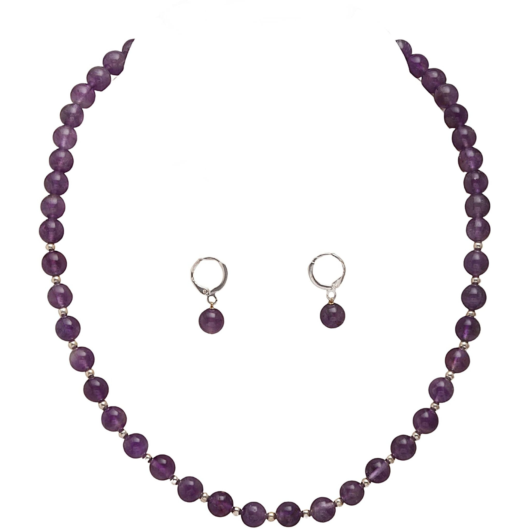 Taruna Biyani Multi Color Semi Precious Gemstone 8MM Bead Size Sring Necklace Mala Jewellery Set with Earrings for Women Girls (Amethyst)