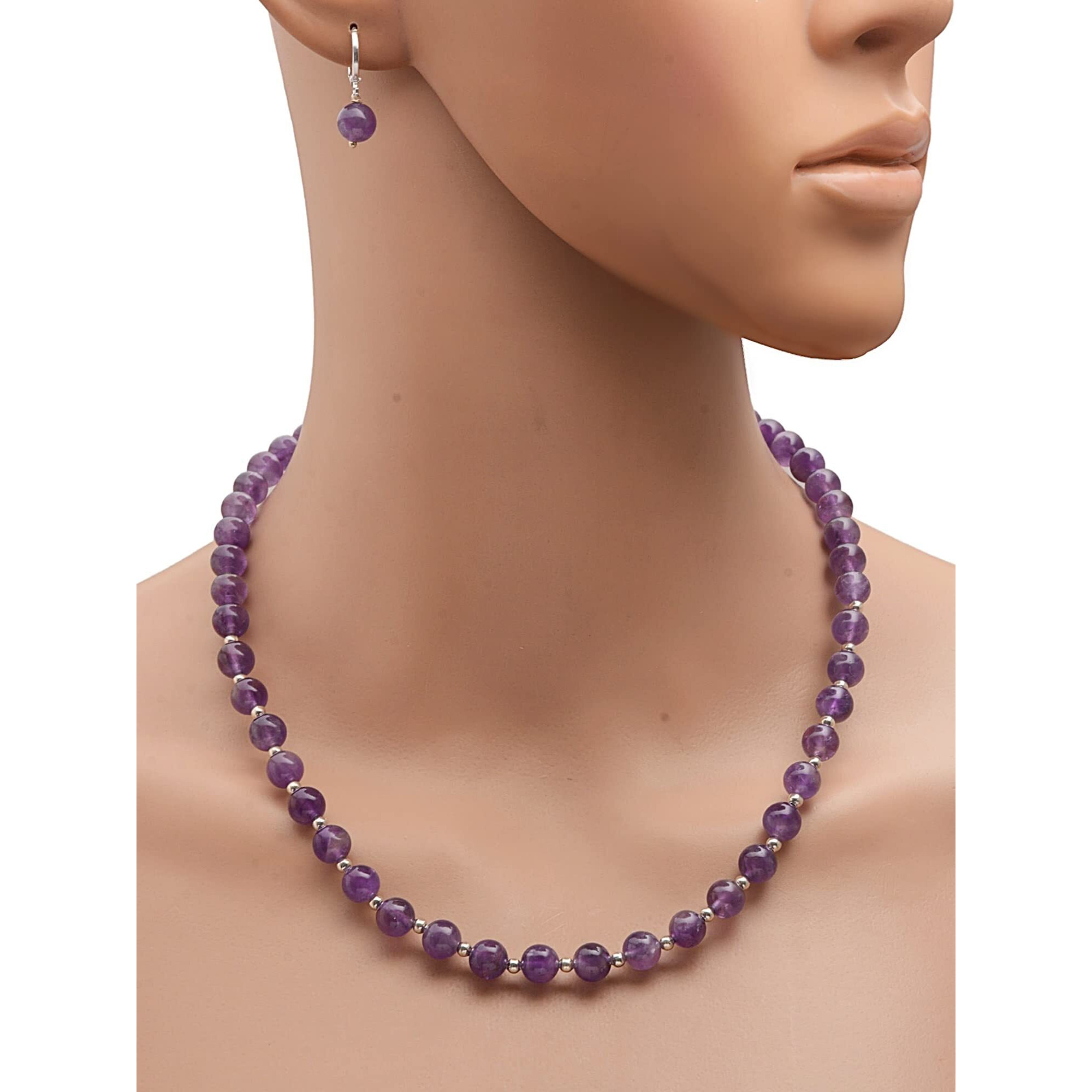 Taruna Biyani Multi Color Semi Precious Gemstone 8MM Bead Size Sring Necklace Mala Jewellery Set with Earrings for Women Girls (Amethyst)