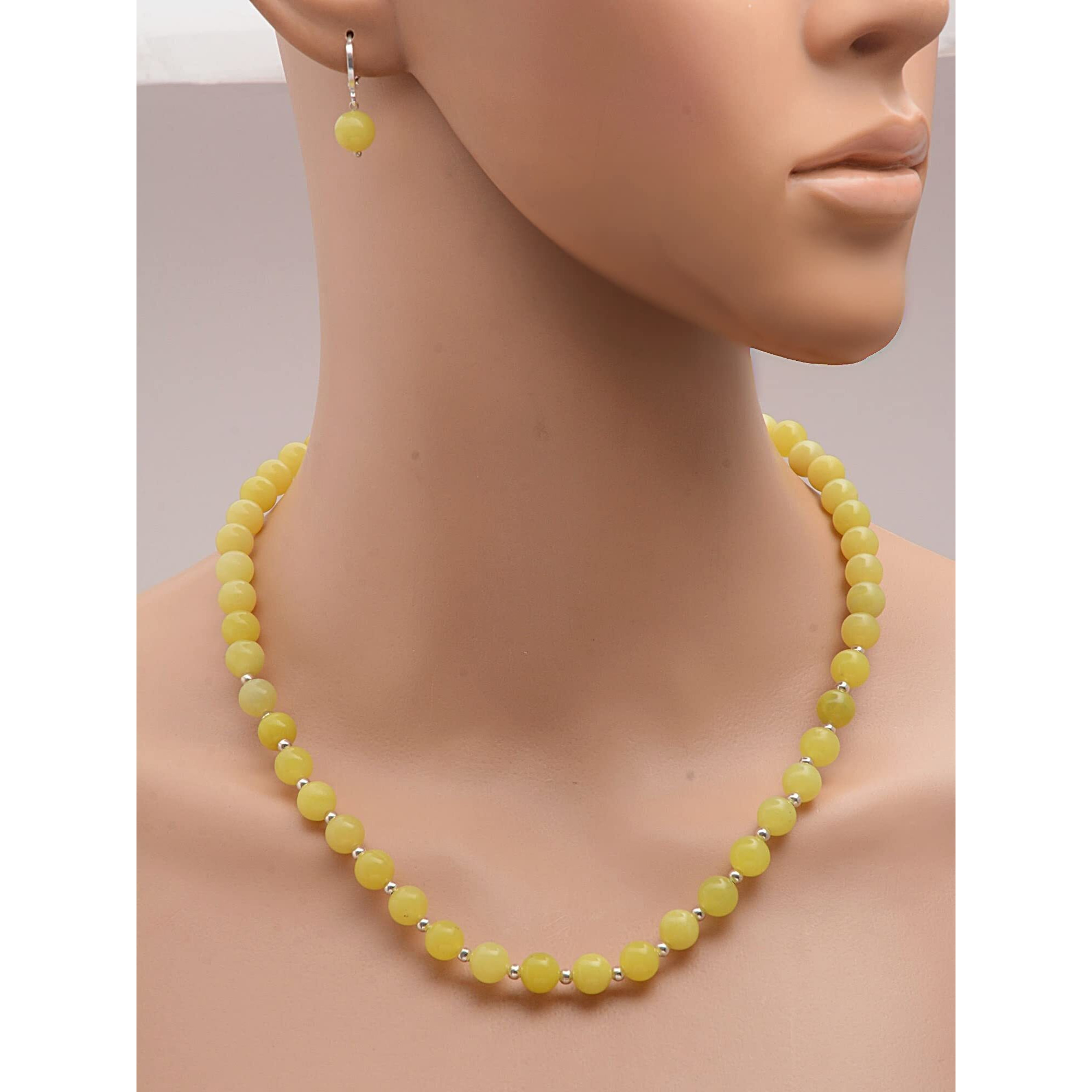 Taruna Biyani Multi Color Semi Precious Gemstone 8MM Bead Size String Necklace Mala Jewellery Set with Earrings for Women Girls (Neon Jade)
