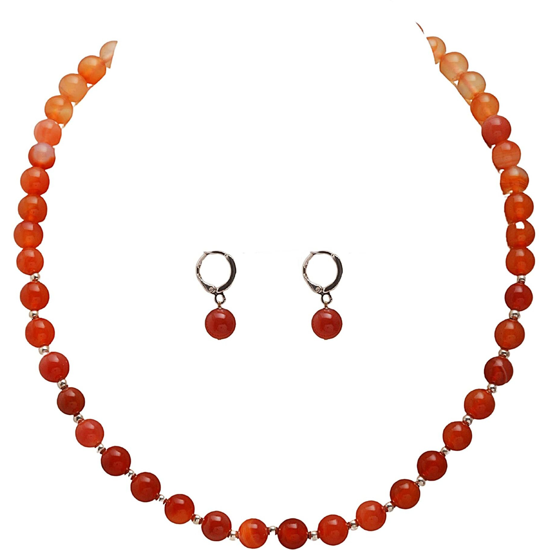 Taruna Biyani Multi Color Semi Precious Gemstone 8MM Bead Size Sring Necklace Mala Jewellery Set with Earrings for Women Girls (Carnelian)
