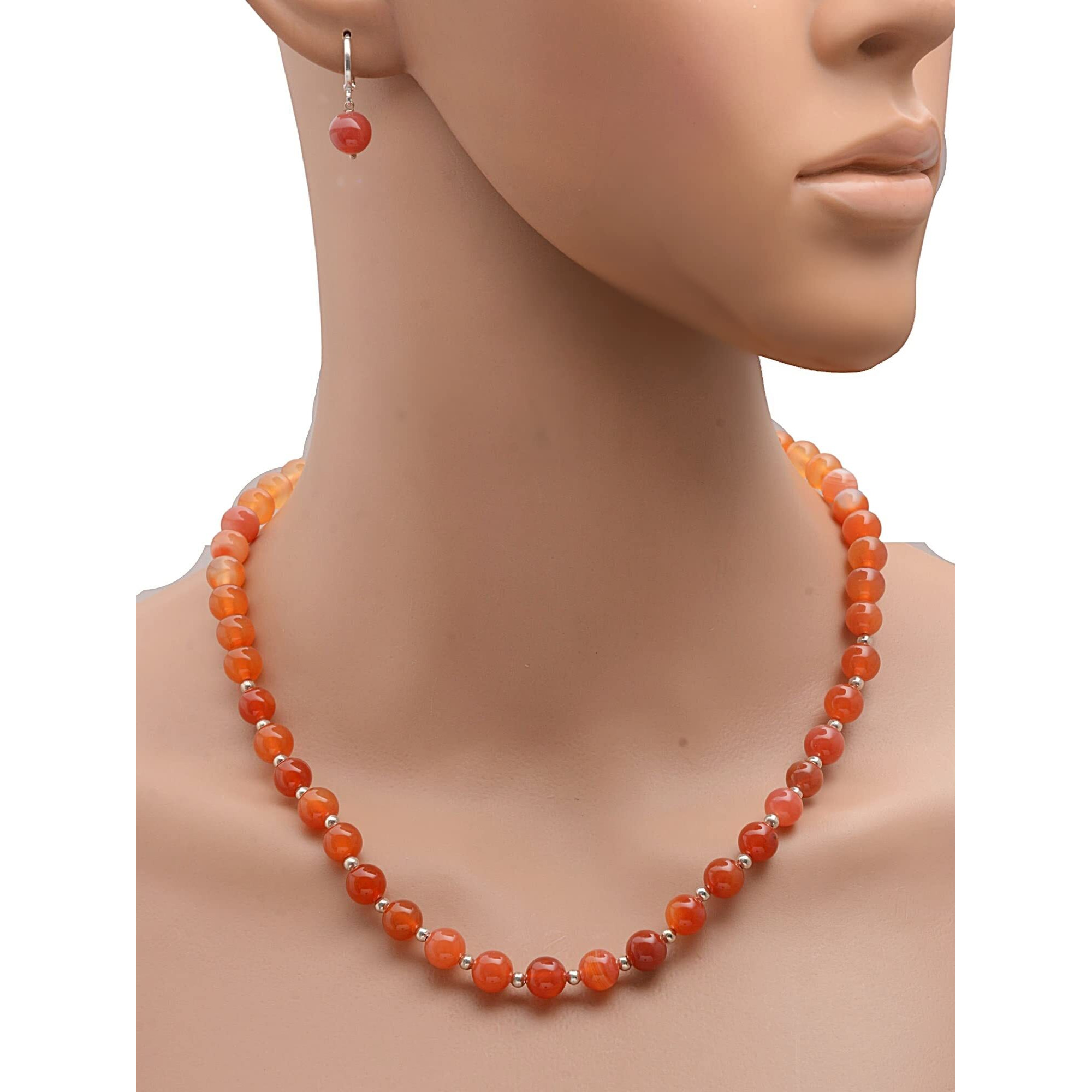 Taruna Biyani Multi Color Semi Precious Gemstone 8MM Bead Size Sring Necklace Mala Jewellery Set with Earrings for Women Girls (Carnelian)