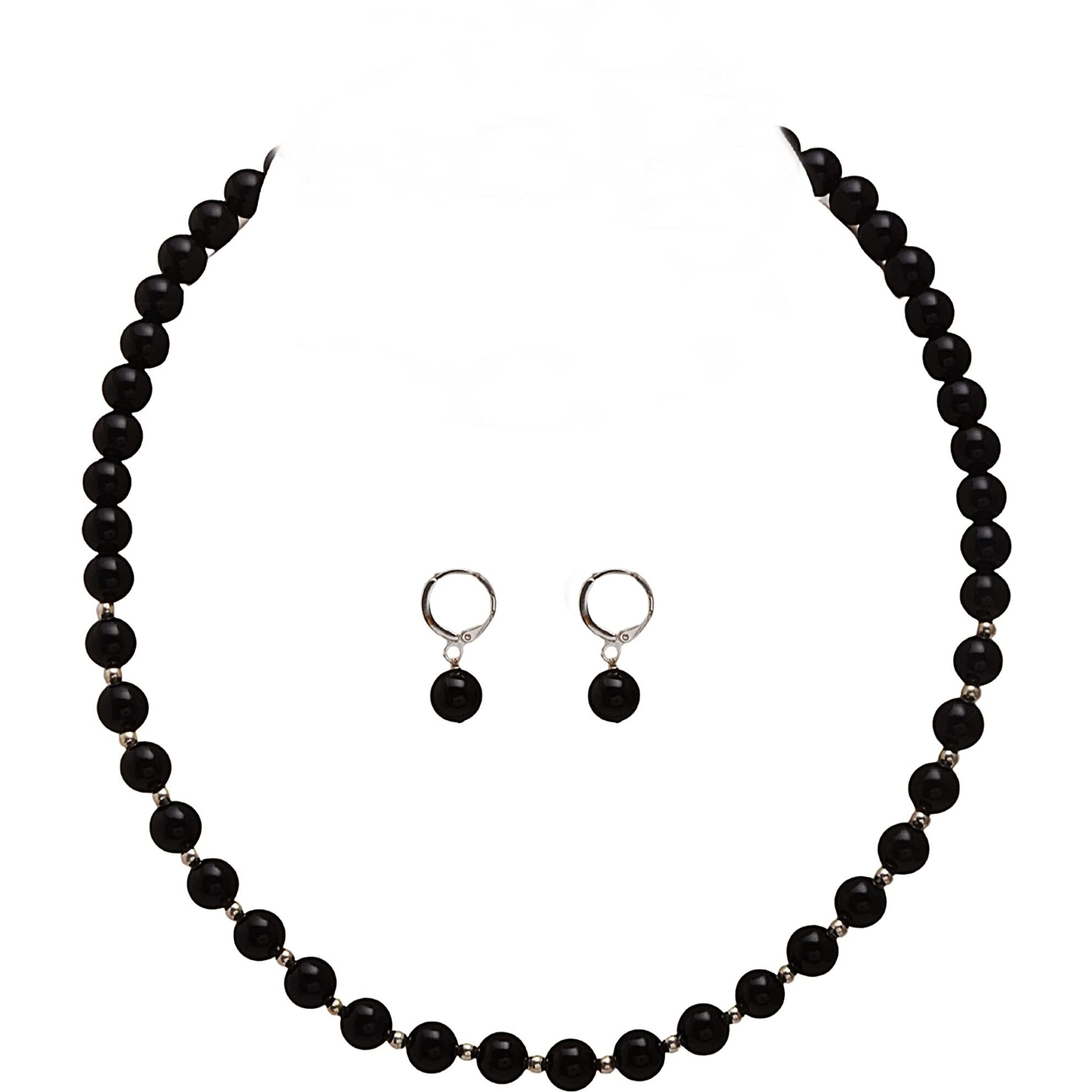 Taruna Biyani Multi Color Semi Precious Gemstone 8MM Bead Size String Necklace Mala Jewellery Set with Earrings for Women Girls (Onyx)