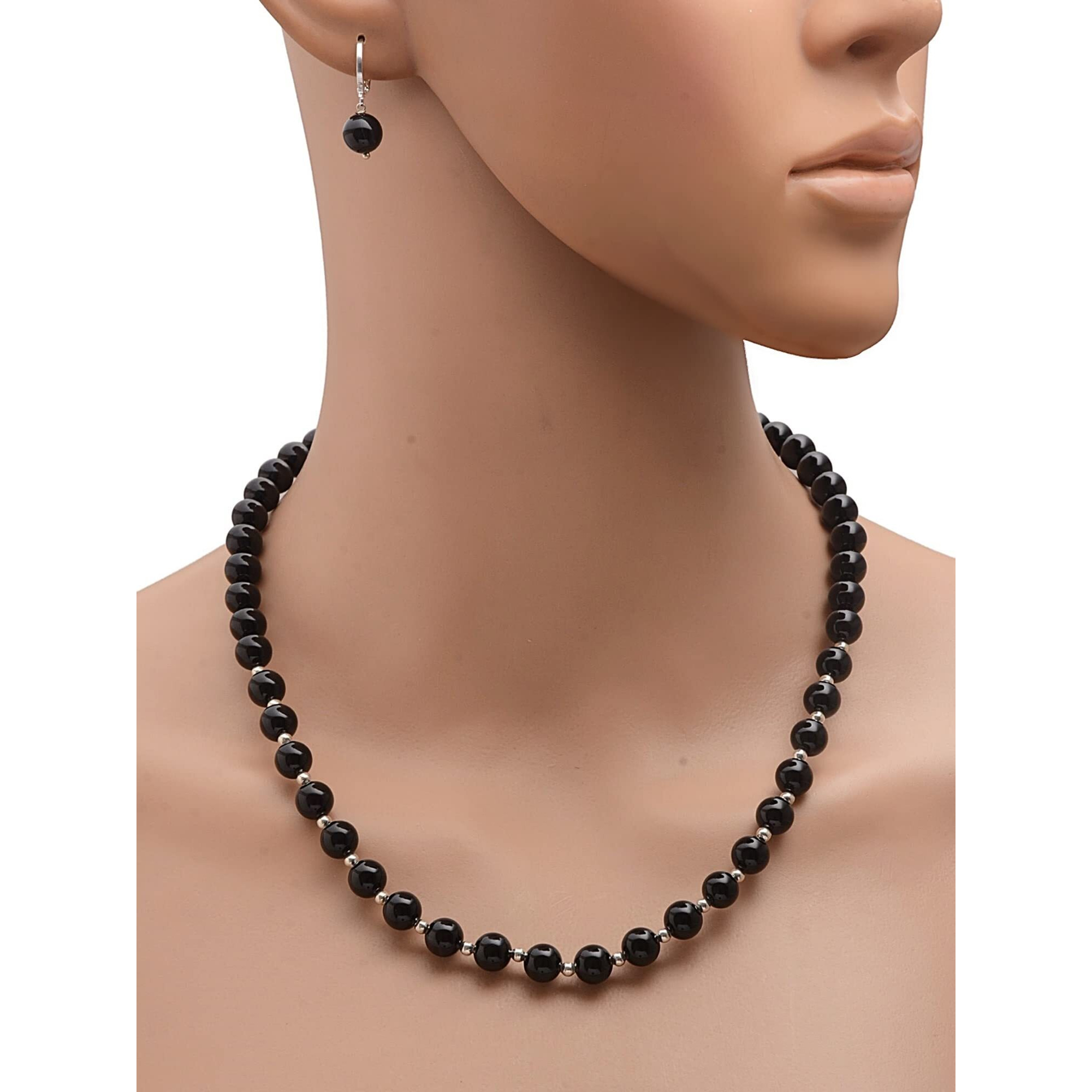 Taruna Biyani Multi Color Semi Precious Gemstone 8MM Bead Size String Necklace Mala Jewellery Set with Earrings for Women Girls (Onyx)