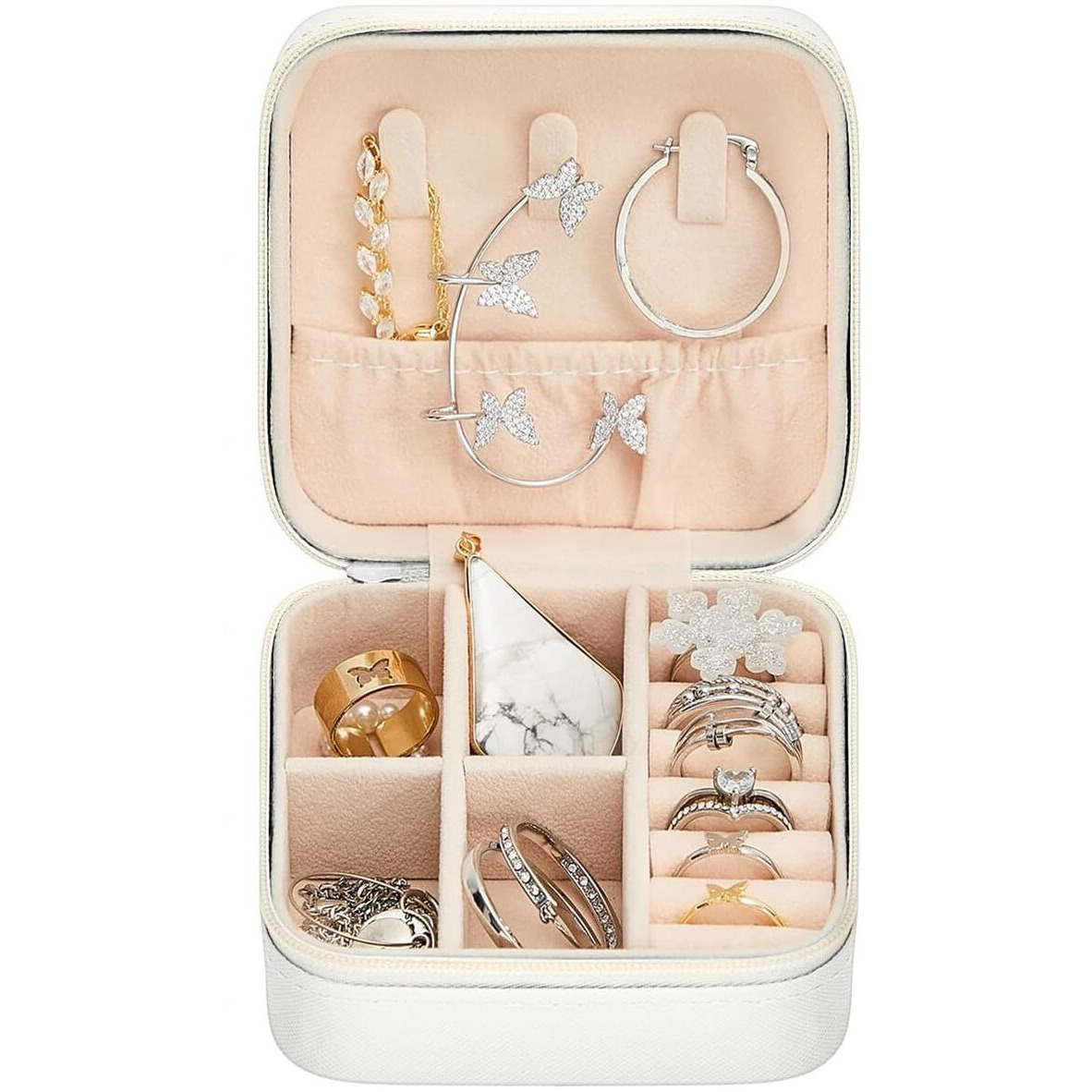 Kiwilon Mini Jewellery Organizers Box PU Letharite Organiser For Women With Zipper And Valvet Interior Jewlry Pouch for Rings, Earrings, Necklaces (White)