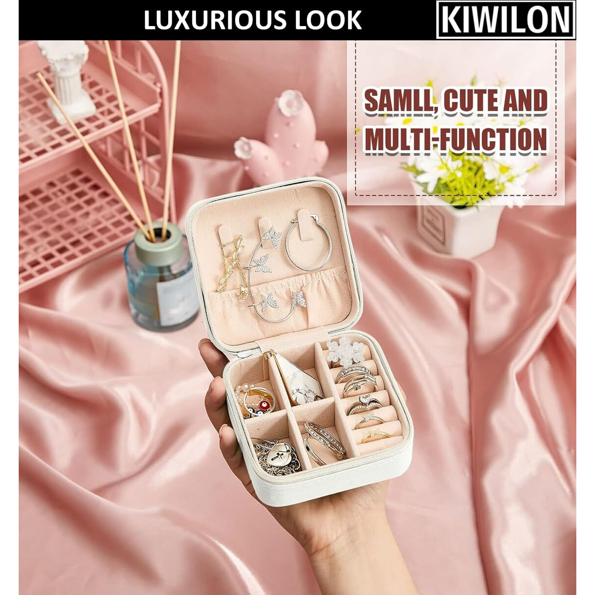 Kiwilon Mini Jewellery Organizers Box PU Letharite Organiser For Women With Zipper And Valvet Interior Jewlry Pouch for Rings, Earrings, Necklaces (White)