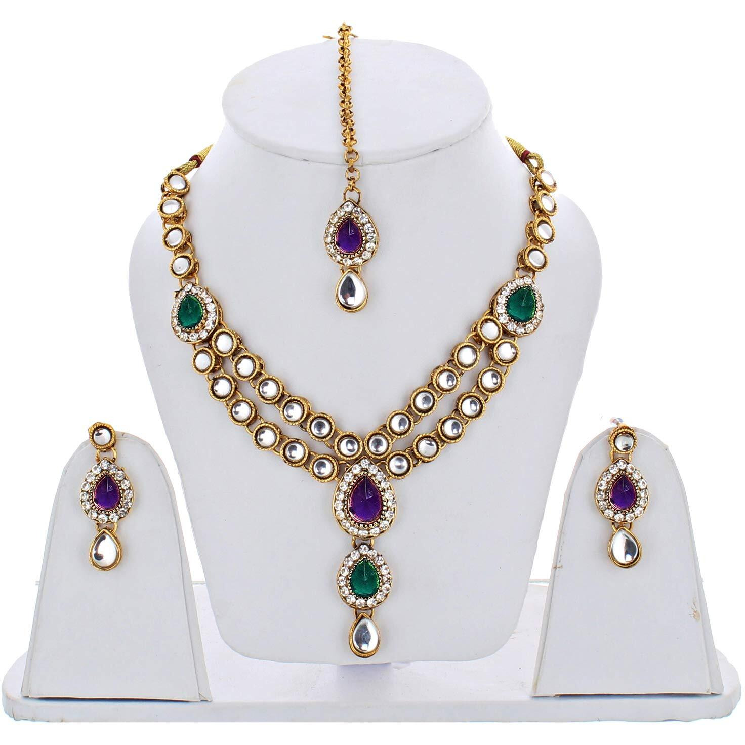 Lucky Jewellery Designer Purple Green Color Stone Kundan Double Locket Necklace Set With Earring And Tikka For Girls & Women