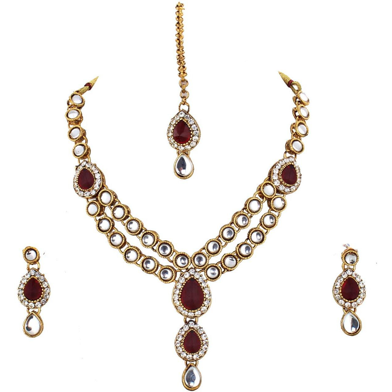 Lucky Jewellery Designer Maroon Color Stone Kundan Double Locket Necklace Set With Earring And Tikka For Girls & Women
