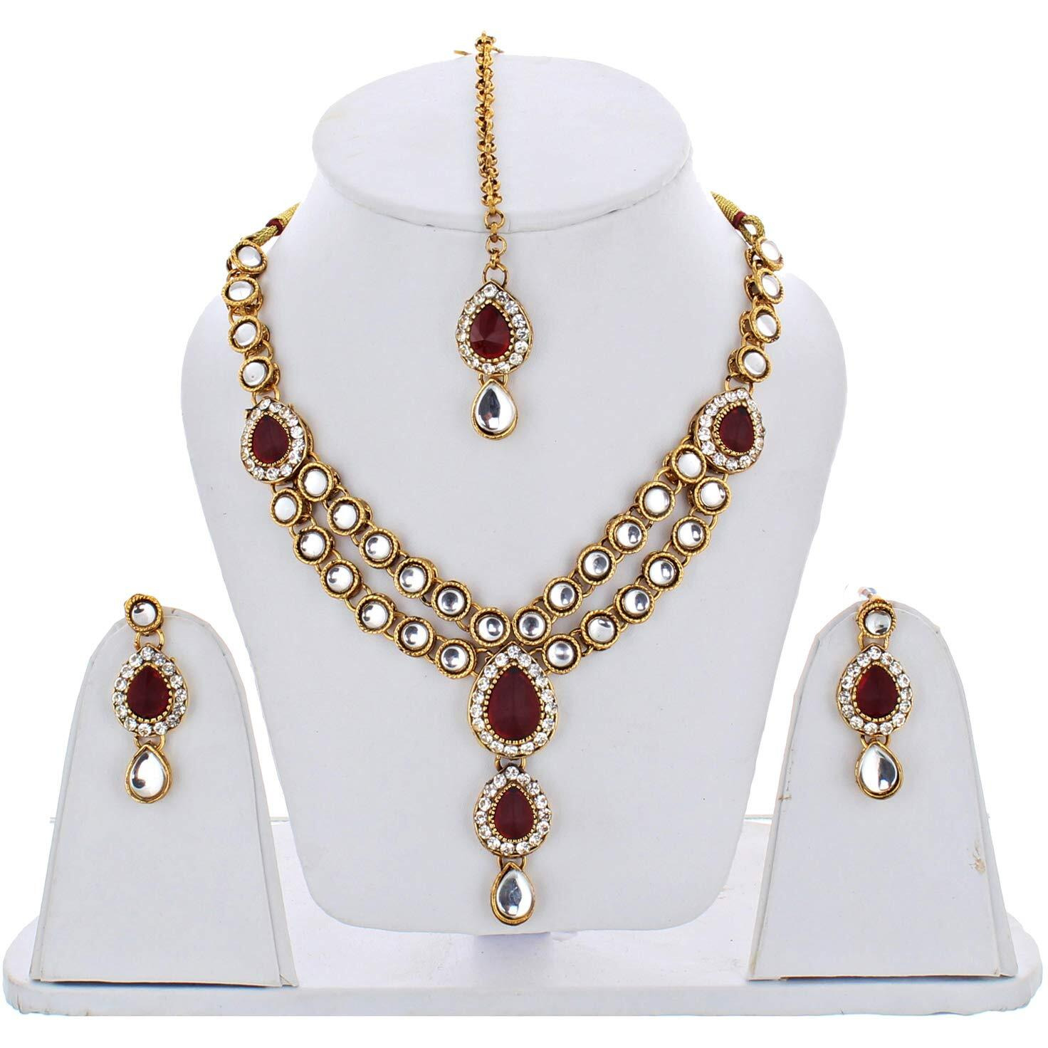 Lucky Jewellery Designer Maroon Color Stone Kundan Double Locket Necklace Set With Earring And Tikka For Girls & Women
