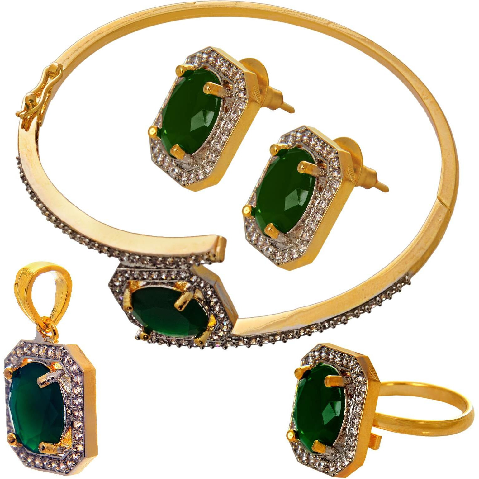 Lucky Jewellery American Diamond Combo Set with Bracelet, Earring, Pendant & Finger Ring for Girls & Women
