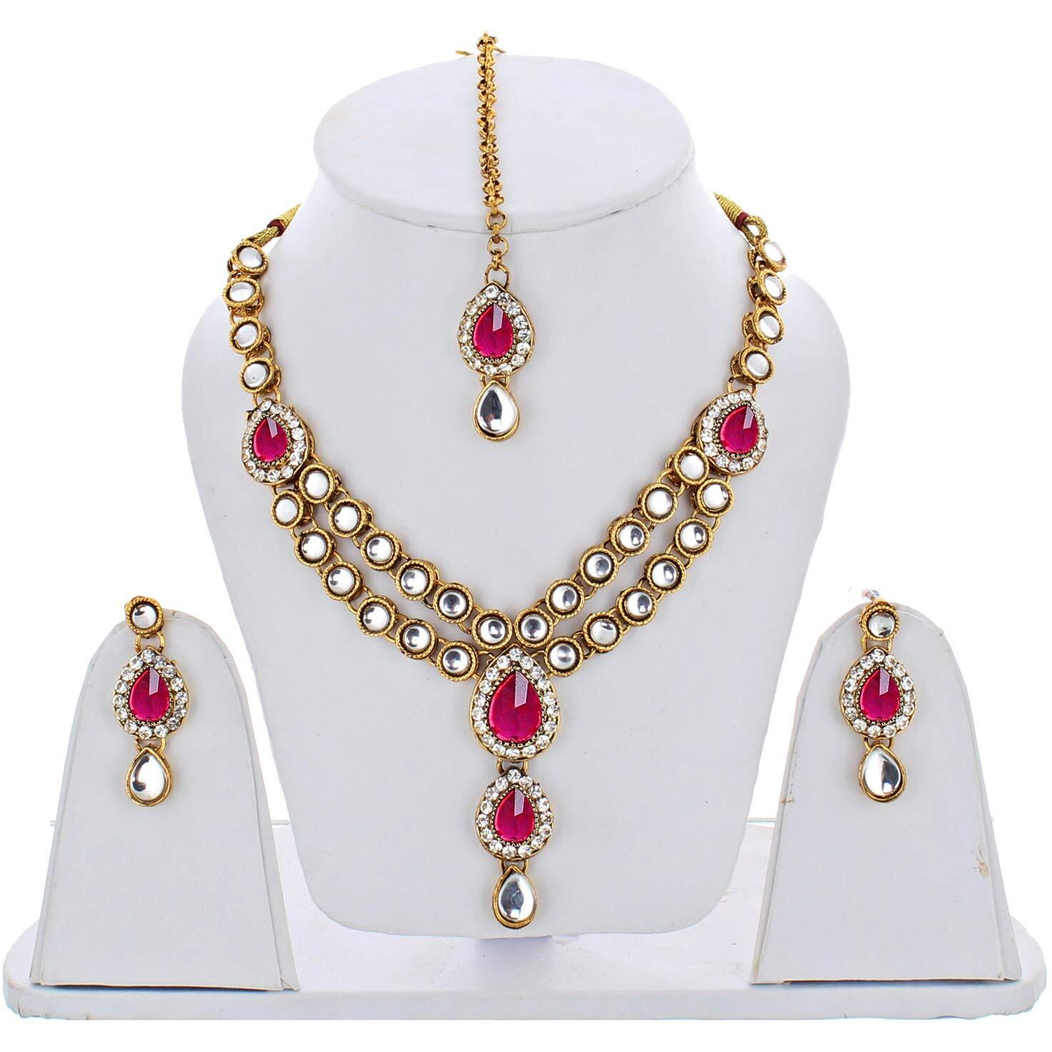 Lucky Jewellery Designer Magenta Color Stone Kundan Double Locket Necklace Set With Earring And Tikka For Girls & Women