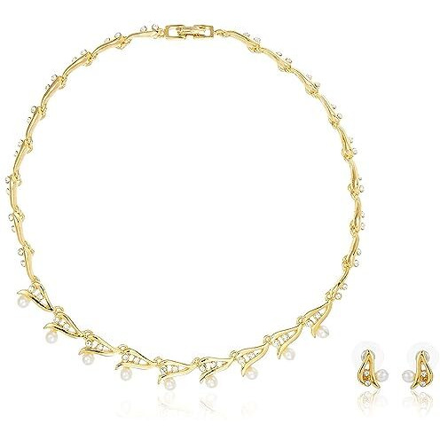 Estele Gold Plated Twisted Real Pearal & Crystal Necklace Set For Women, One Size (6525 NKER)