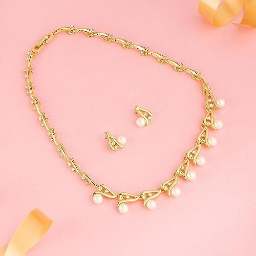 Estele Gold Plated Twisted Real Pearal & Crystal Necklace Set For Women, One Size (6525 NKER)