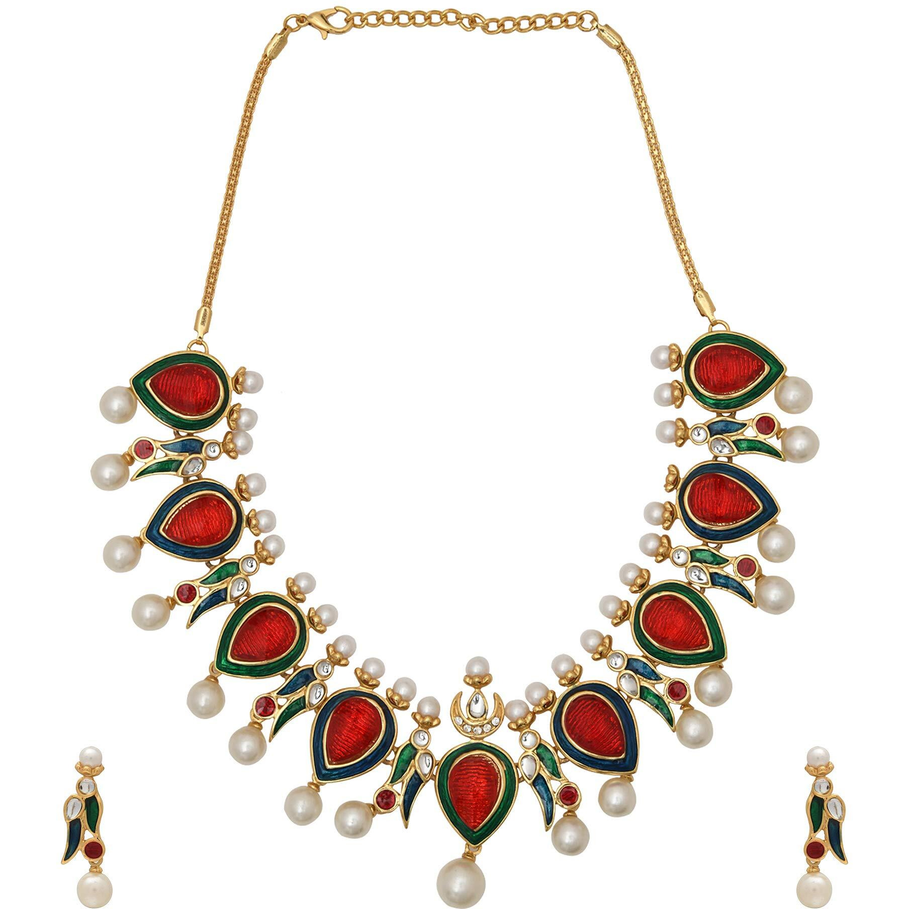 Estele 24 Kt Traditional Kuiri Shape Gold Plated Choker Style Necklace Set for Women