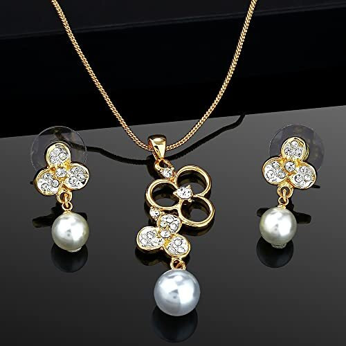 Estele Gold Plated Flower Designer Pendant Set with Austrian Crystals & Pearl for Women
