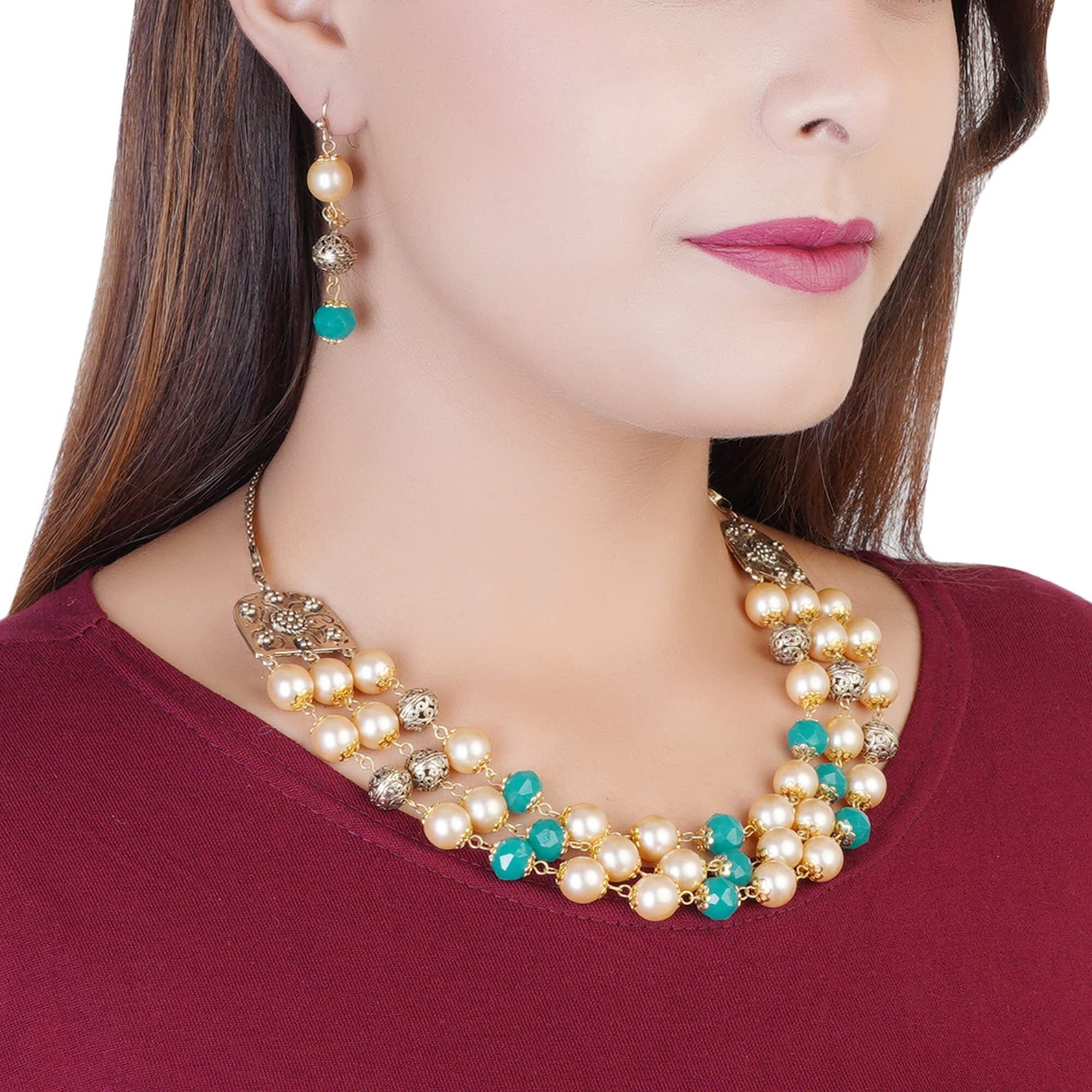 Estele Gold Plated Wedding Jewellery Multi-String Necklace Set For Women