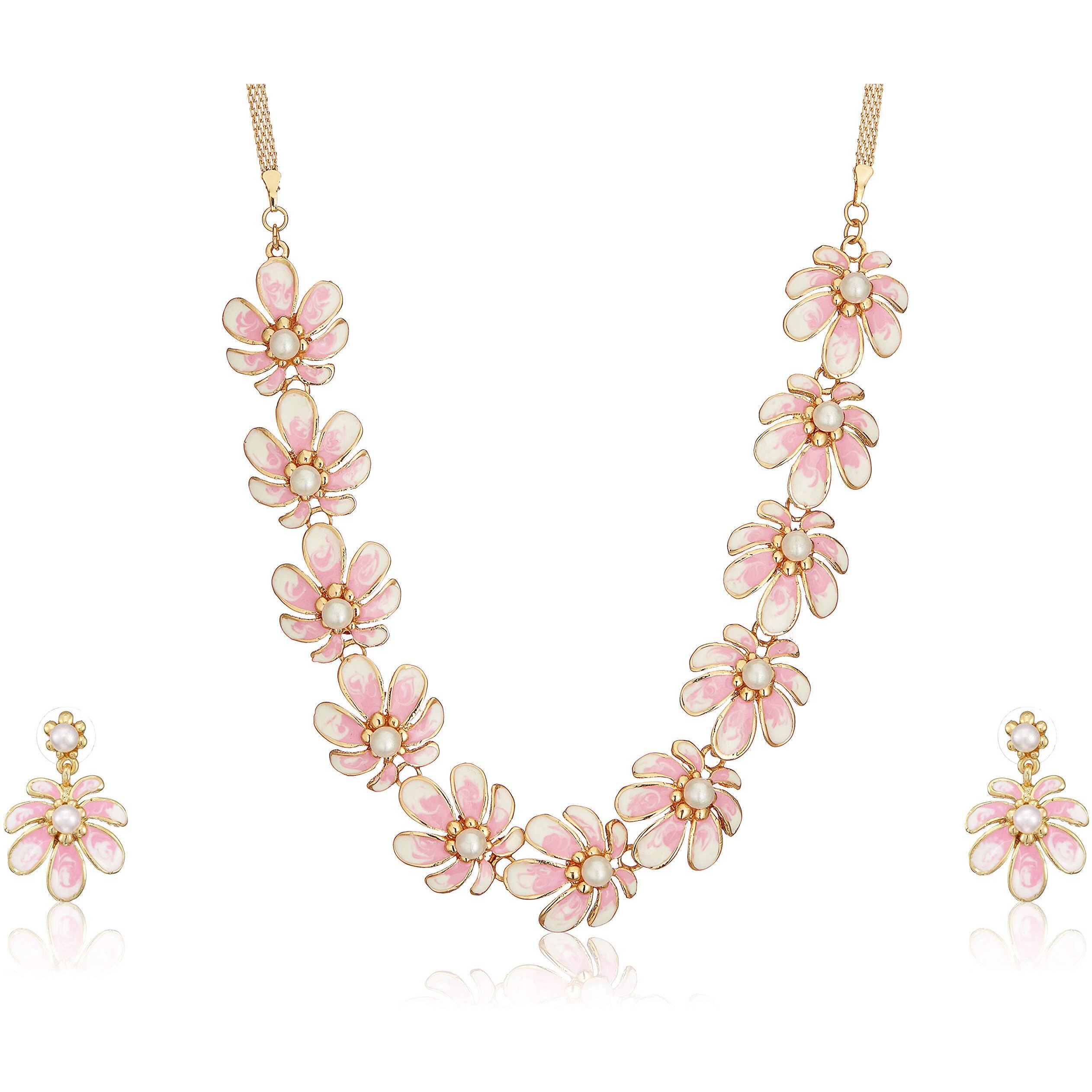 Estele Rose Gold Pink Floral Necklace Jewellery Set for Women