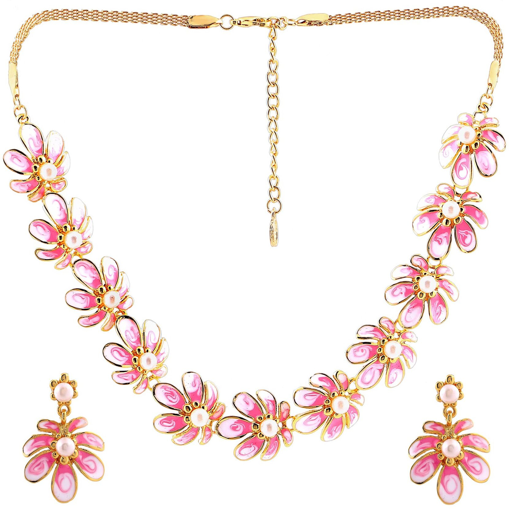 Estele Rose Gold Pink Floral Necklace Jewellery Set for Women