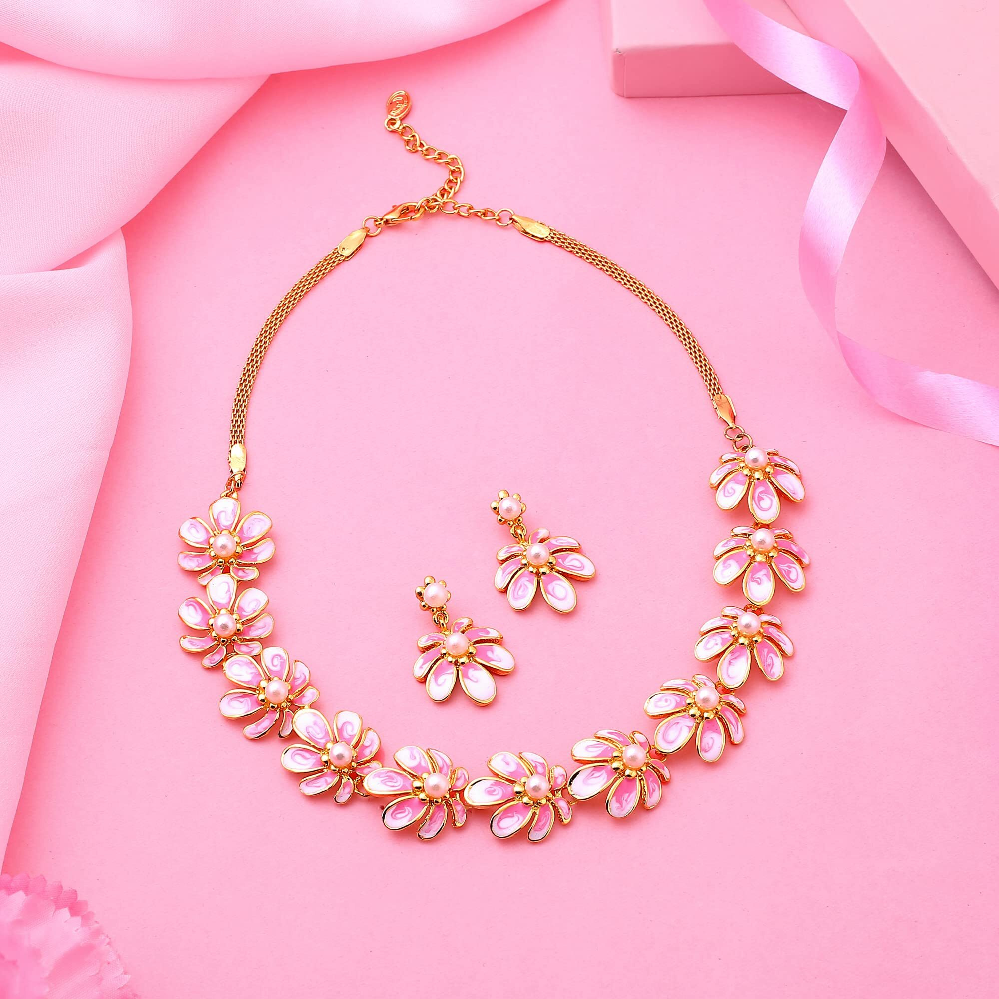 Estele Rose Gold Pink Floral Necklace Jewellery Set for Women