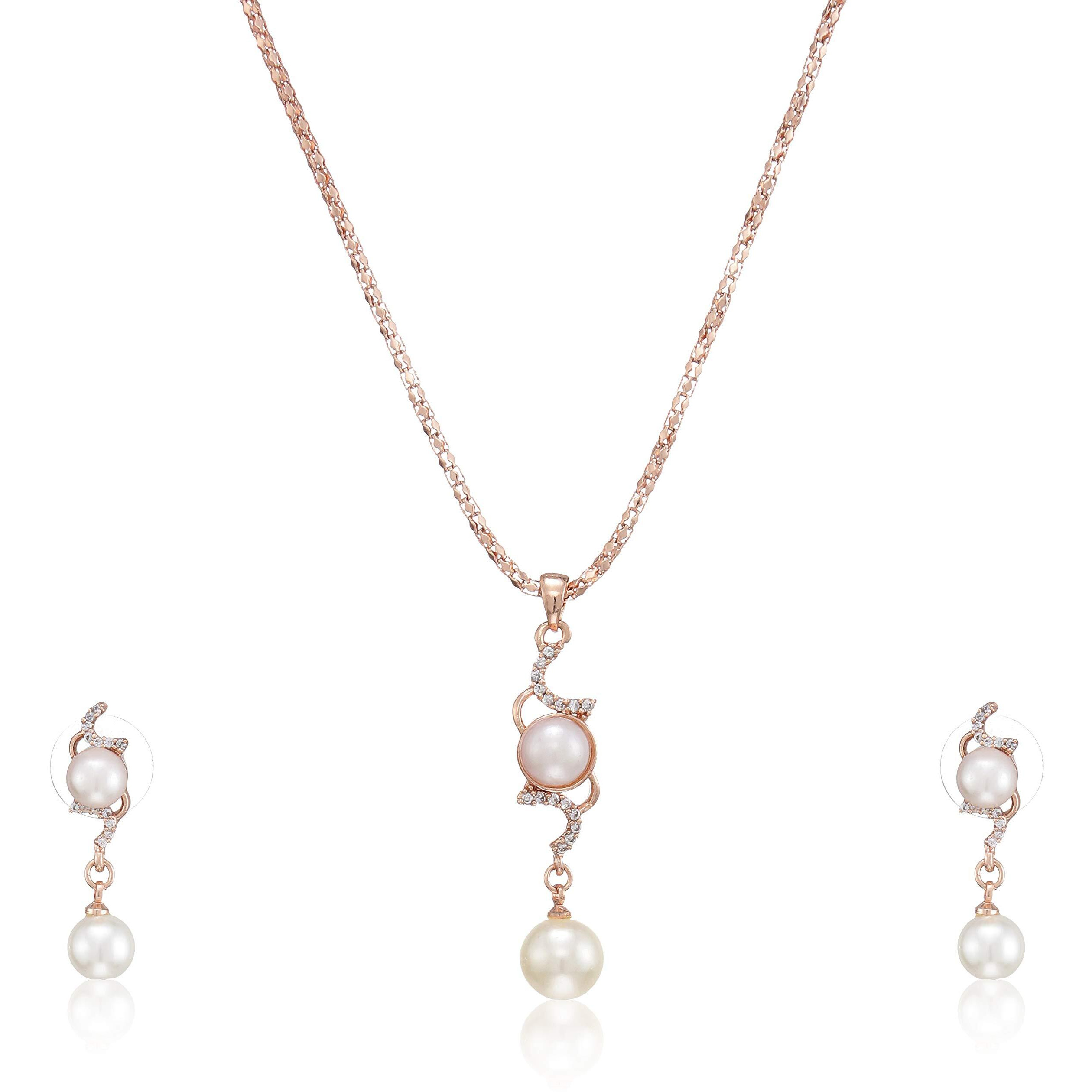 Estele Rose Gold Plated American Diamond Necklace with Earrings Jewellery for Women & Girls